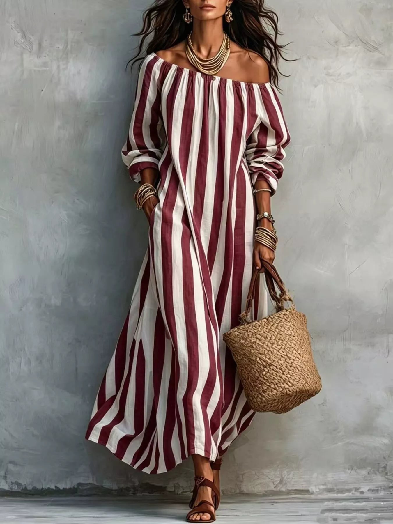 Trendsi Off-Shoulder Striped Dress with Pockets -