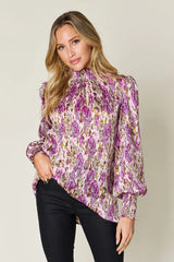 Trendsi Double Take Full Size Printed Smocked Long Sleeve Blouse -