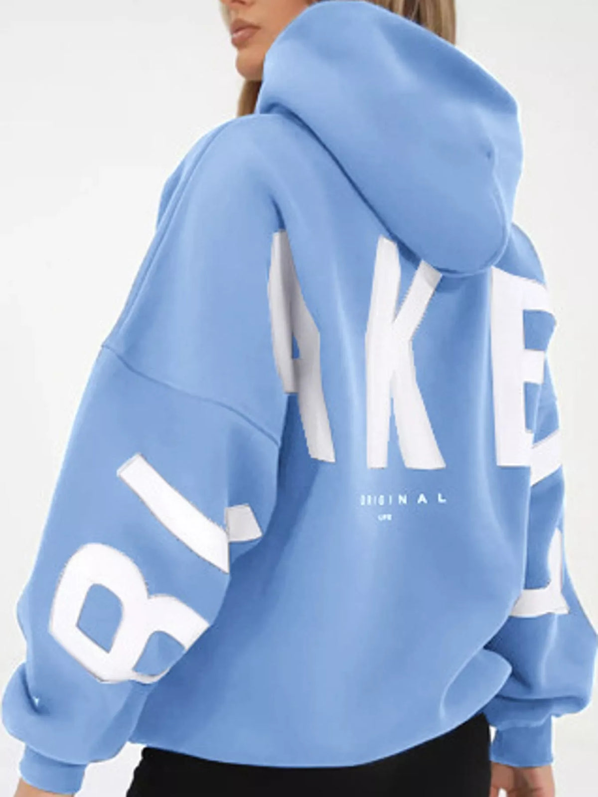 Letter Back Dropped Shoulder Hoodie — back view