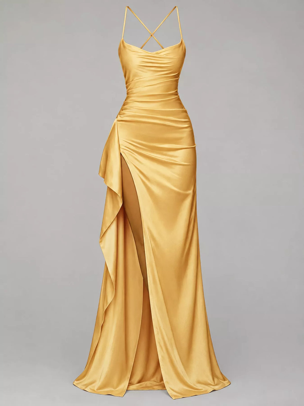 Gold satin ruched high slit maxi dress, front view