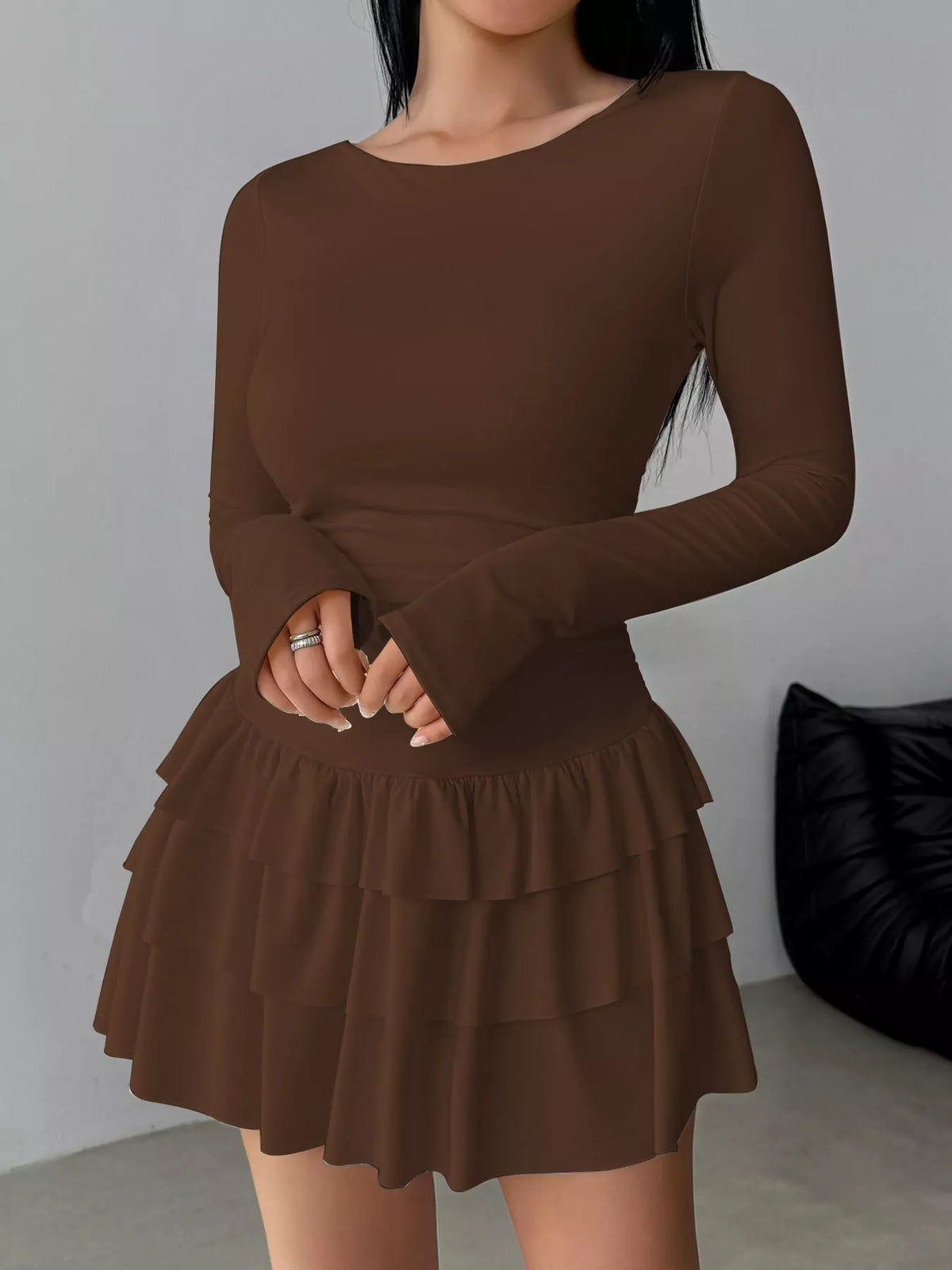 Brown layered ruffle mini dress