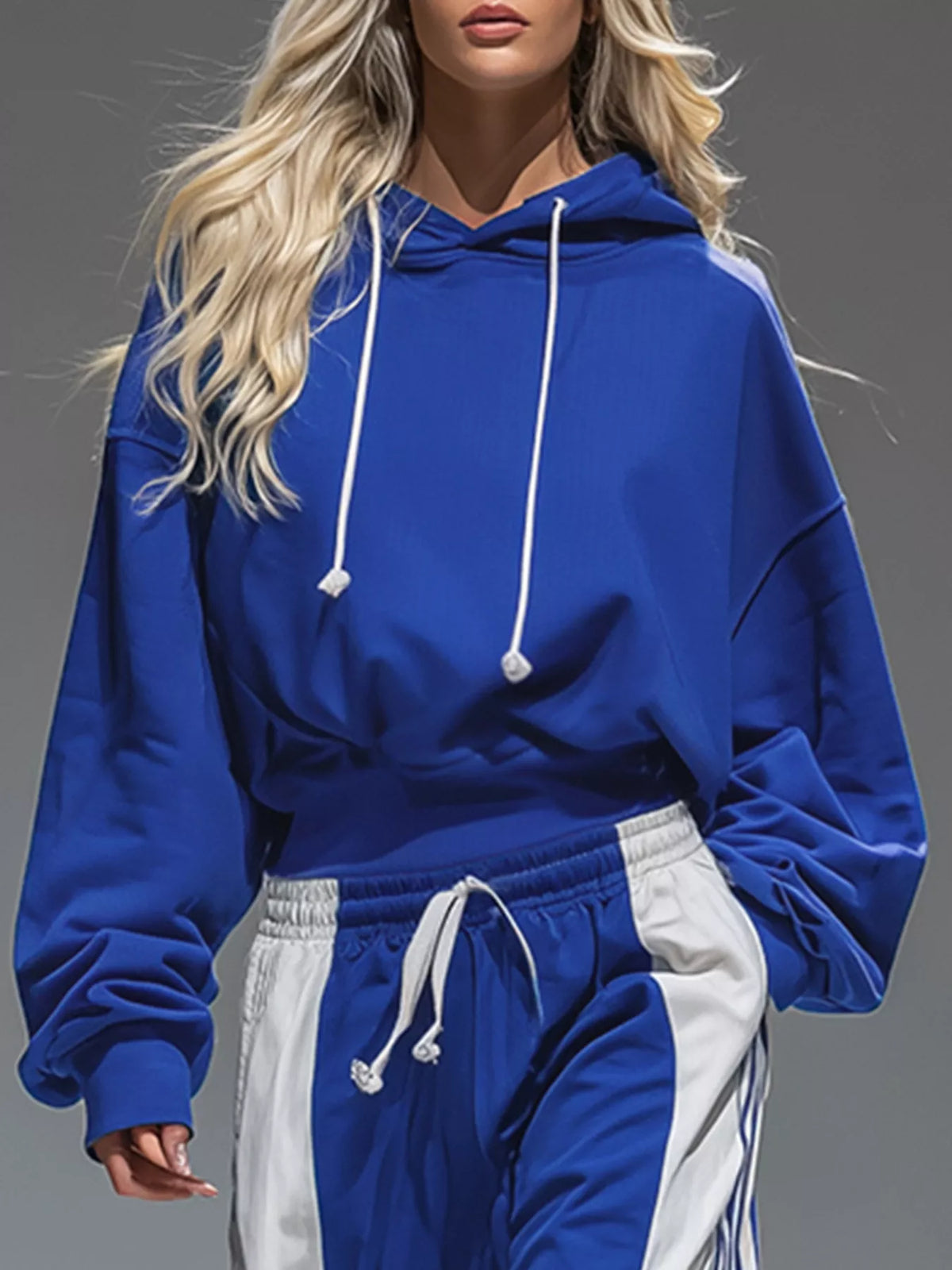 Blue And White Drawstring Hoodie and Color-Block Wide-Leg Pants Set hoodie close-up