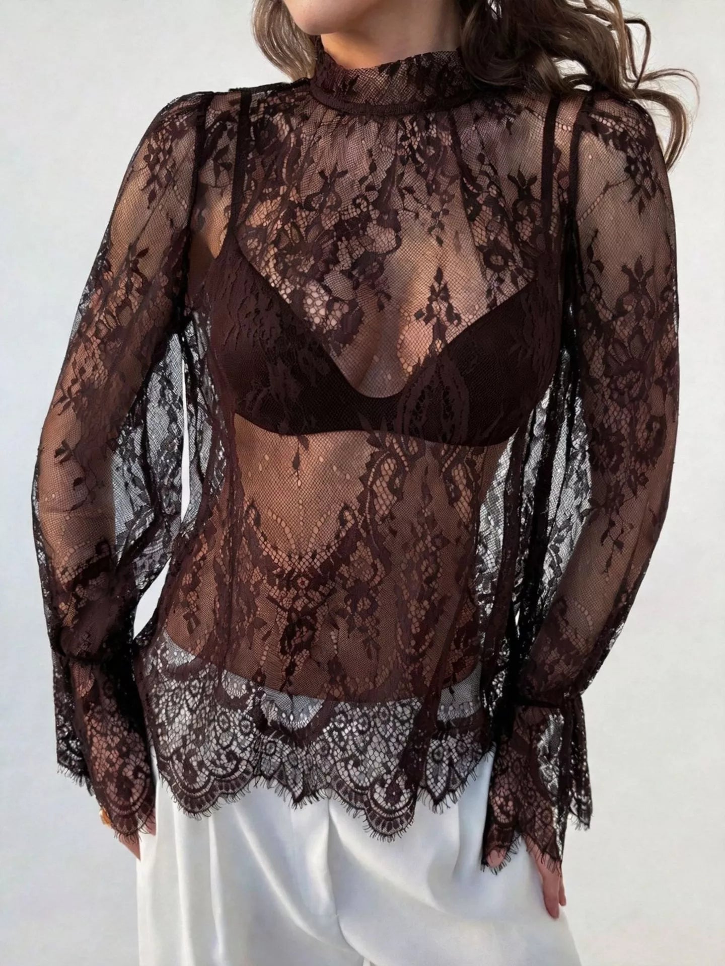 Trendsi Lace Flounce Sleeve Top -