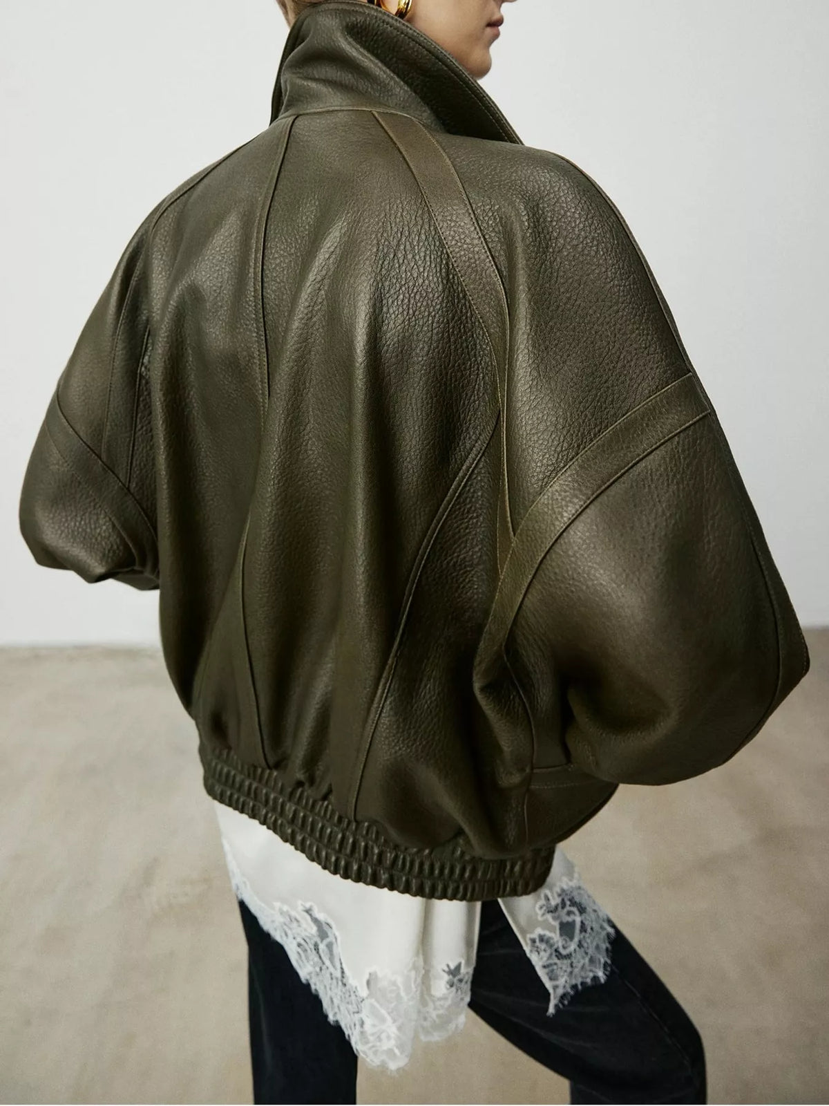 Snap Down Leather Jacket in dark green, back view