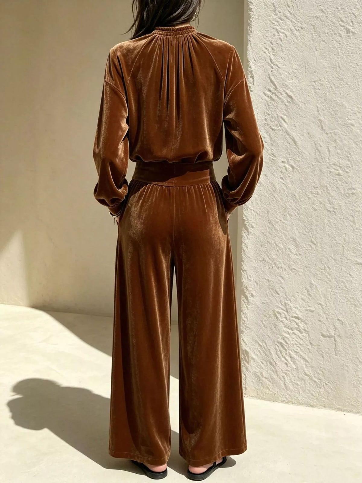 Brown velvet mock-neck top and pants set, back view