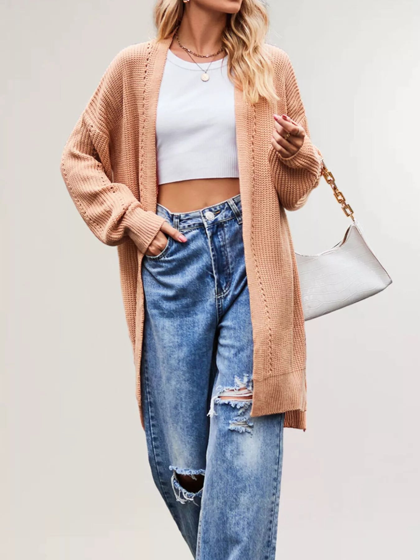 Trendsi Open Front Openwork Knit Longline Cardigan -