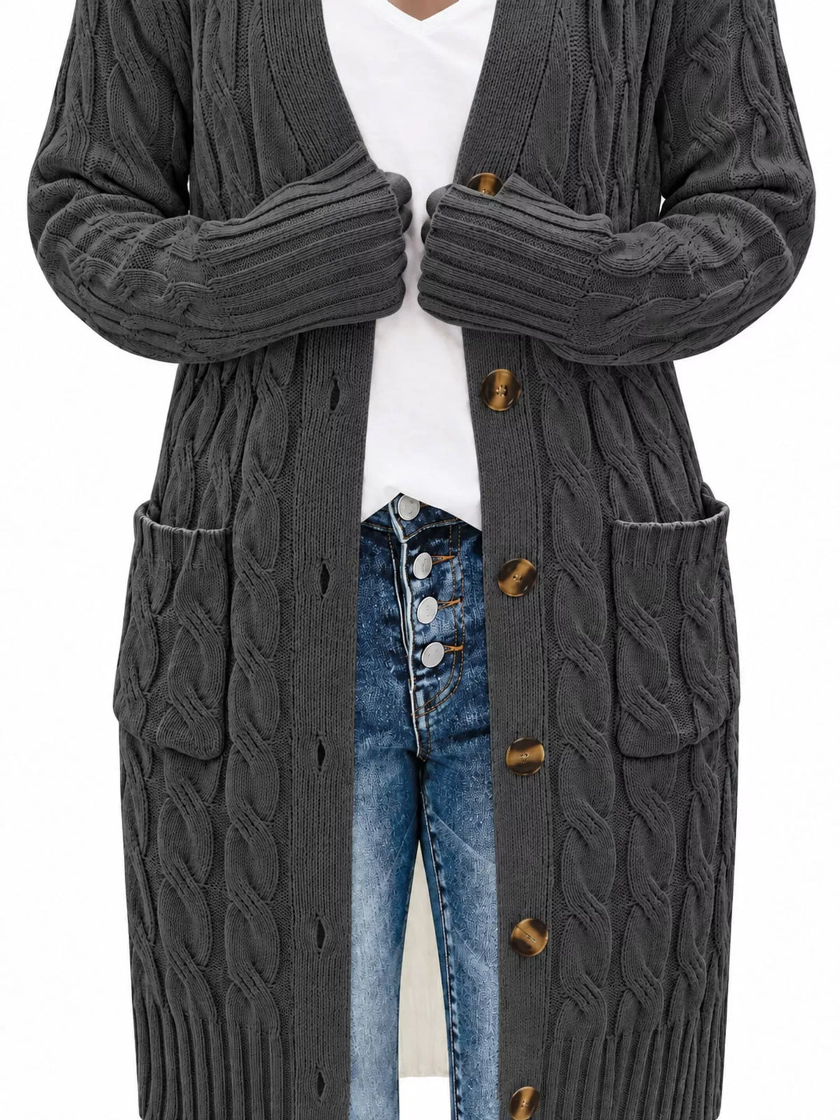 Cable Knit Button-Down Cardigan with Pockets — garment construction details
