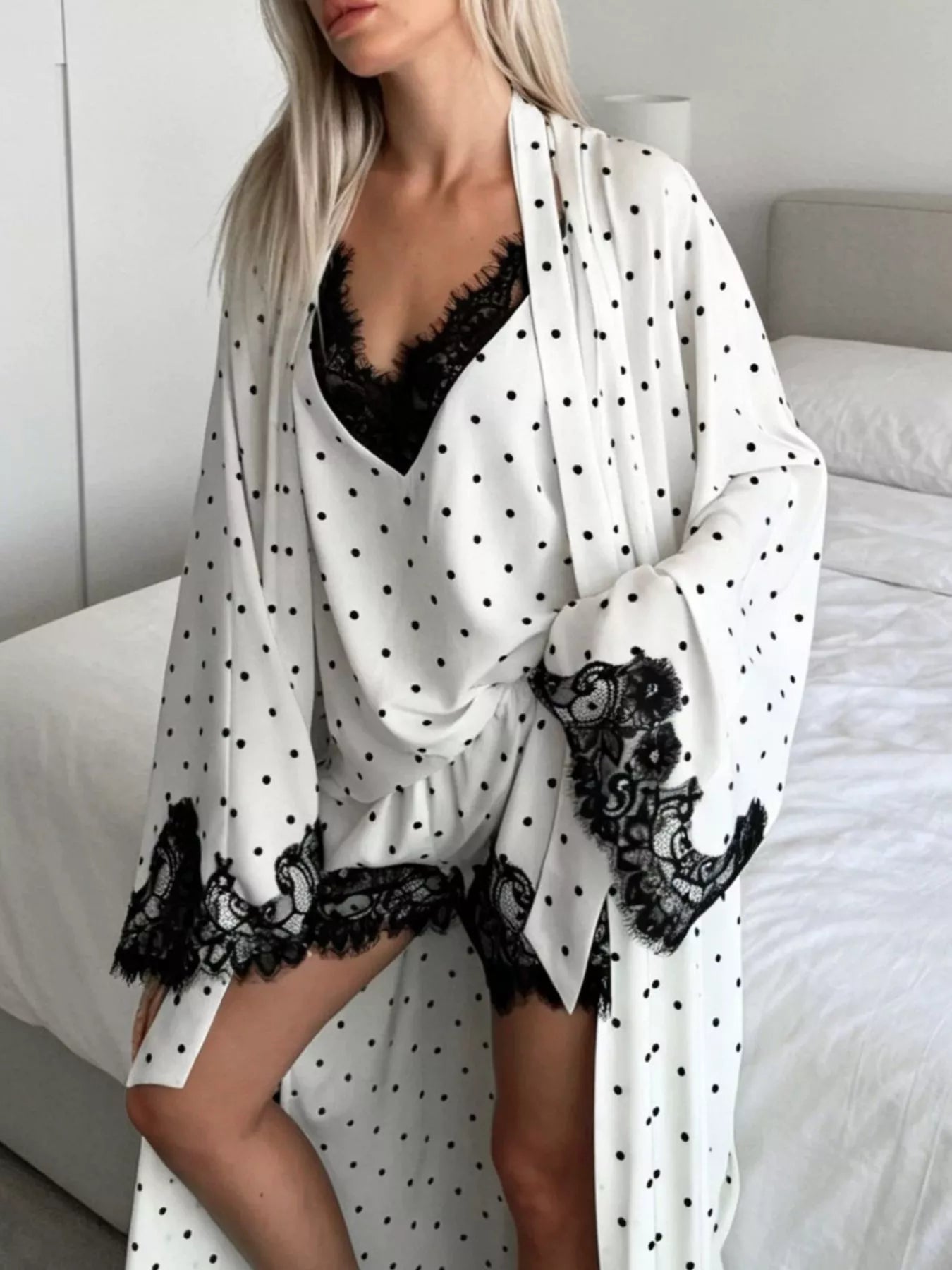 Trendsi Polka Dot Lace Trim Cami & Cardigan and Shorts Set -
