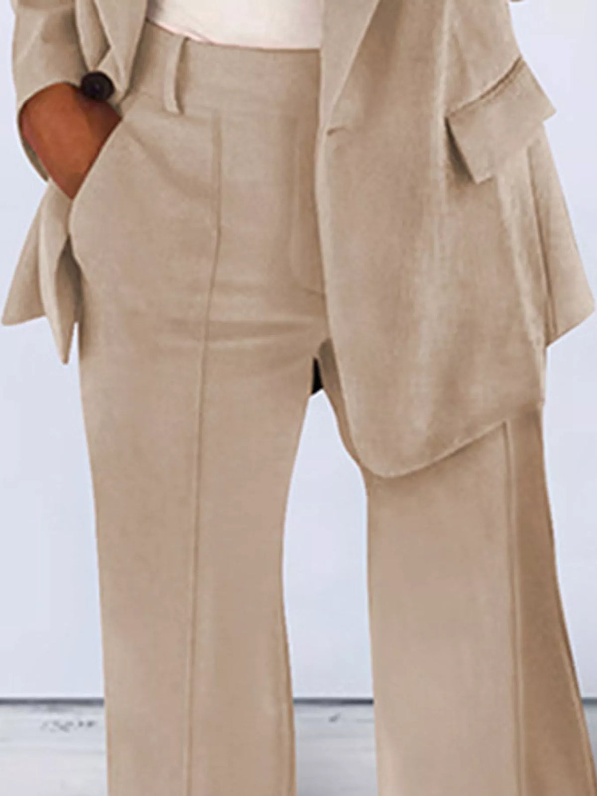 Collared long sleeve outfit set, front view on model