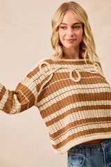 Trendsi BiBi Striped Open Knit Sweater Top with Front Braided Detail -