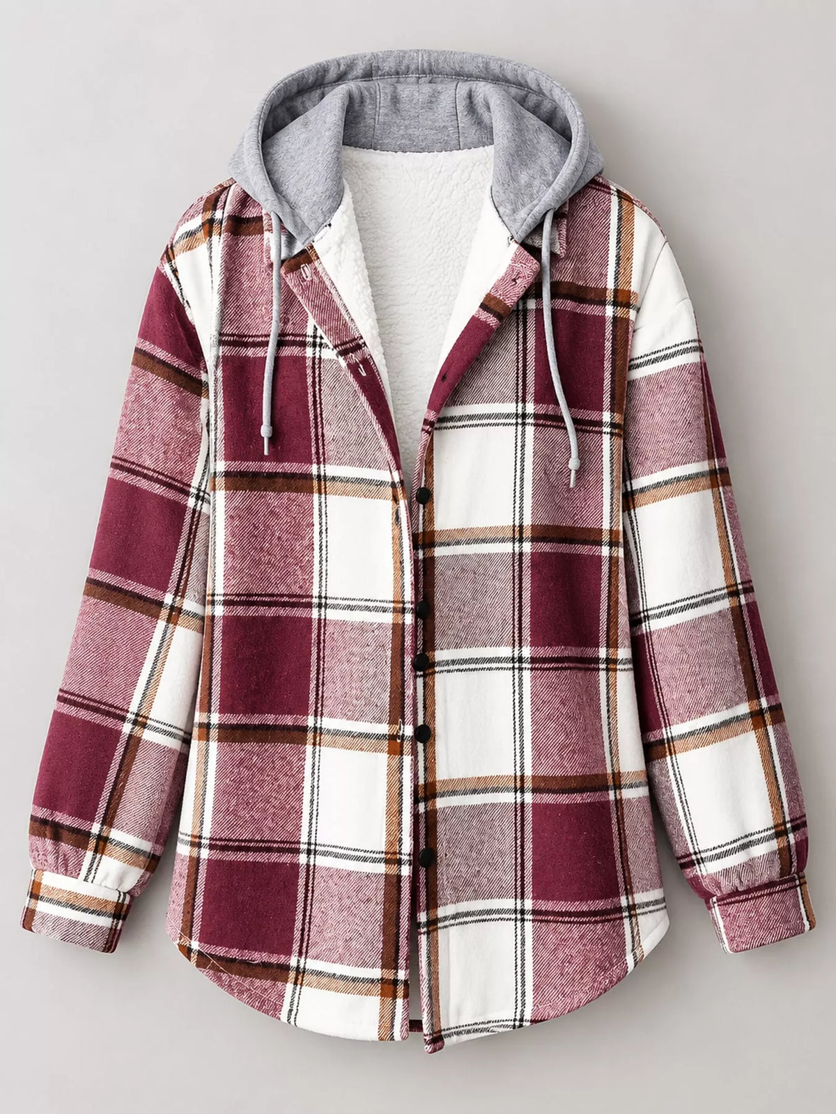 Button-Down Printed Contrast Hooded Shacket — garment front