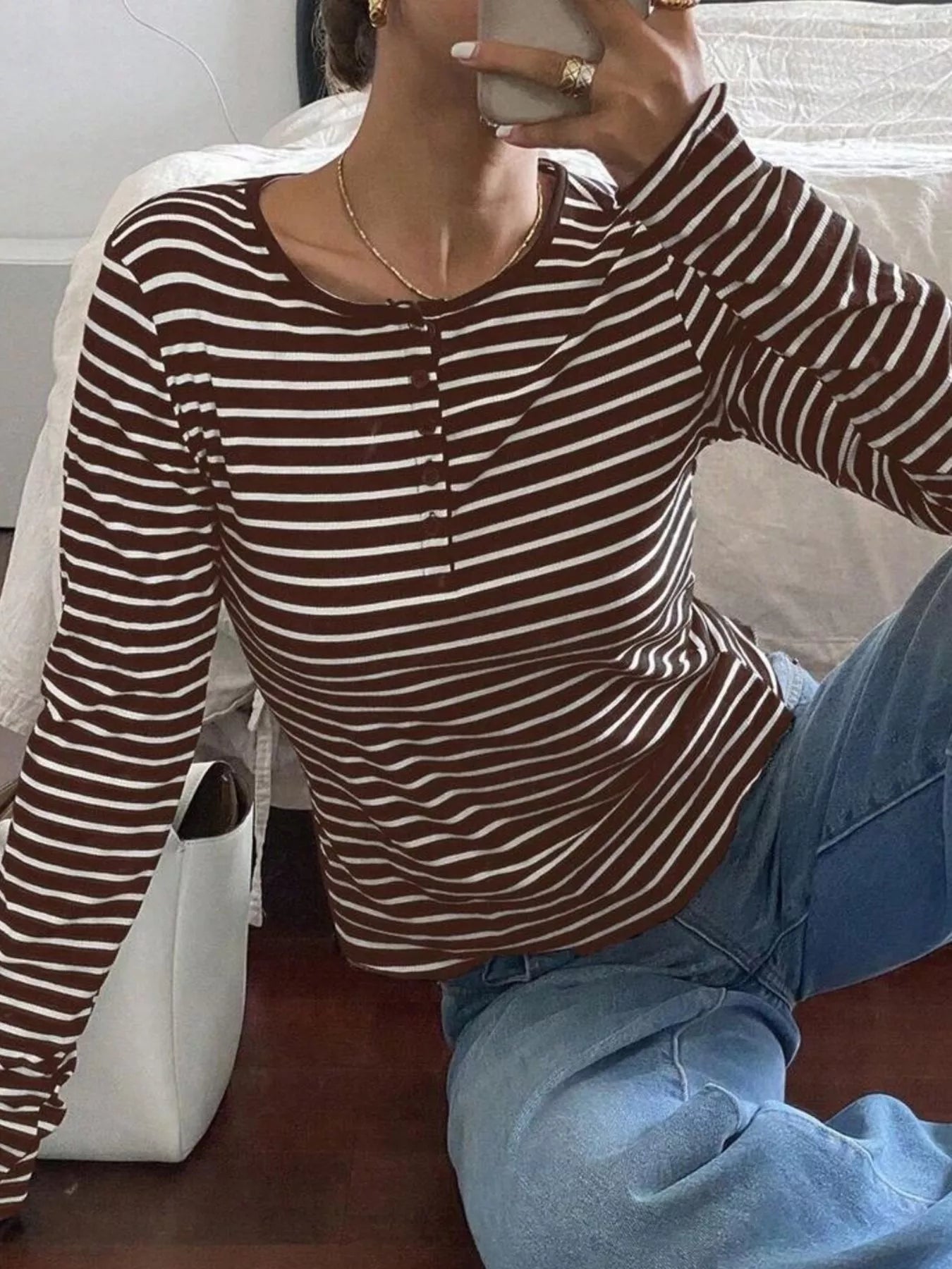 Trendsi Long Sleeve Striped Henley T-Shirt -
