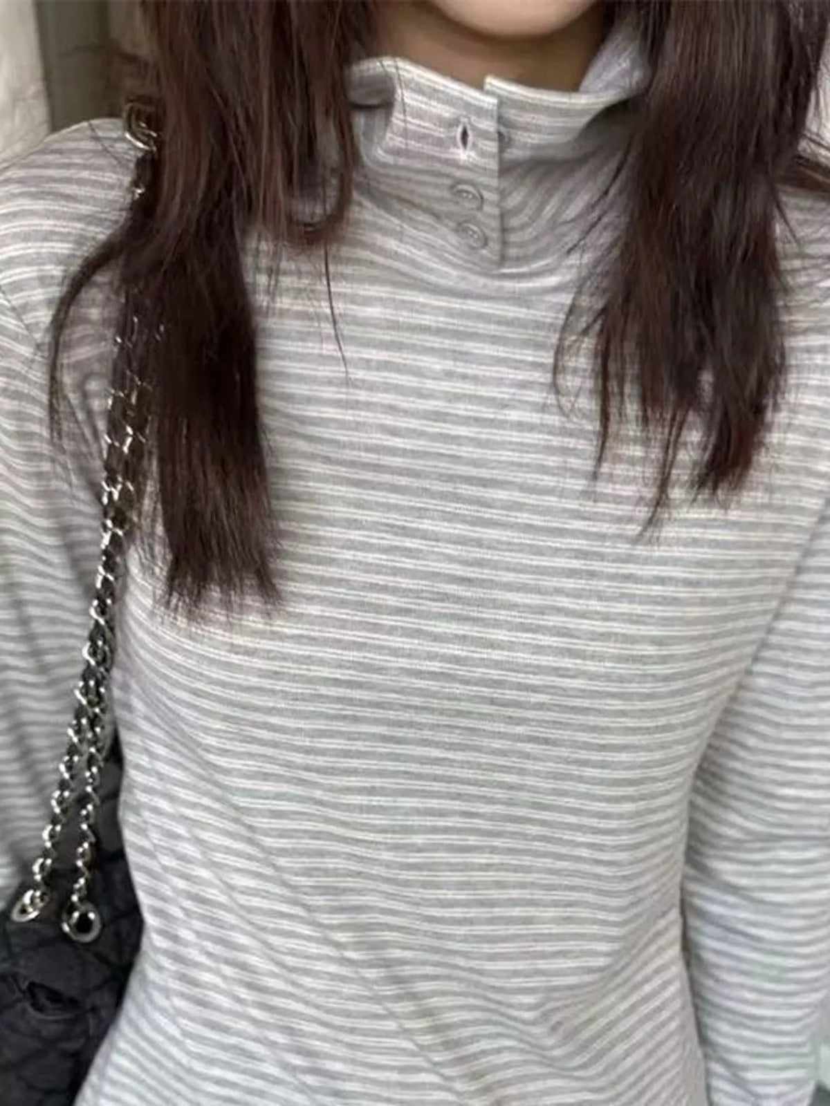 Light Gray striped mock neck button-detail long sleeve t-shirt