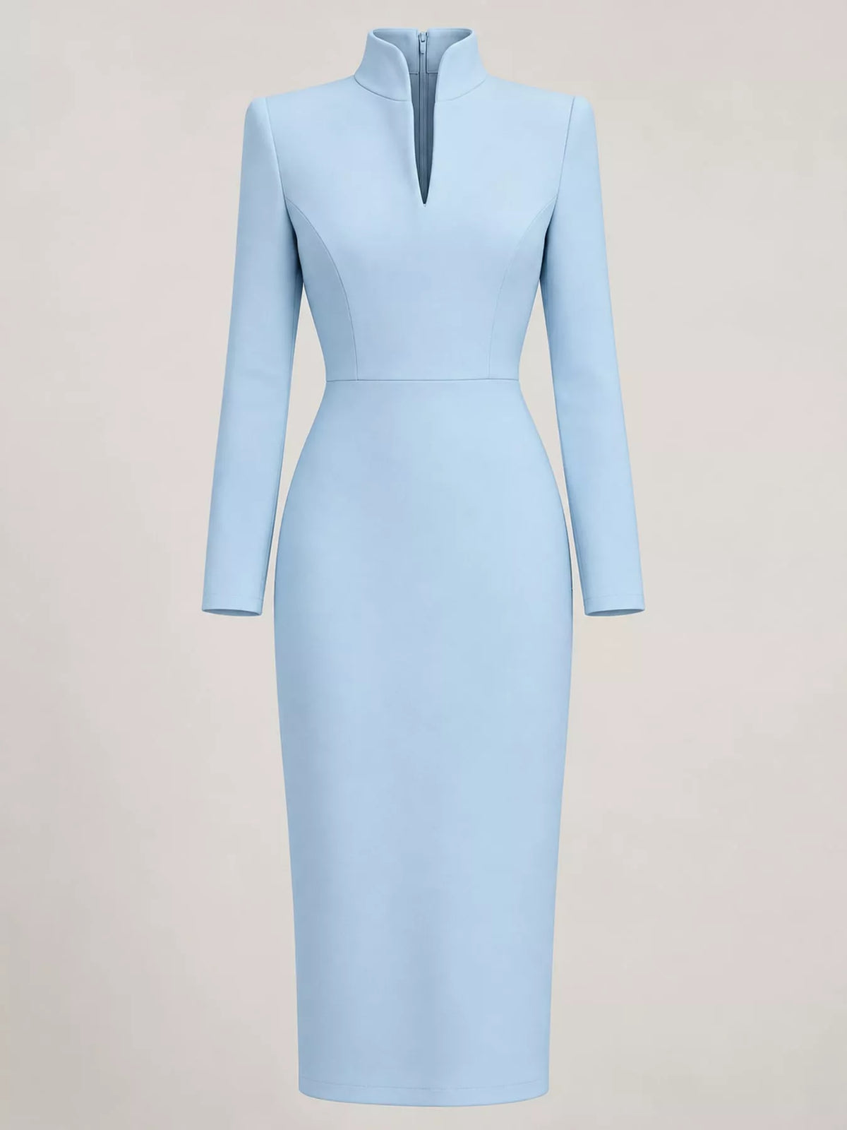 Women's Stand-Collar Long-Sleeve Midi Dress in light blue — flat lay view