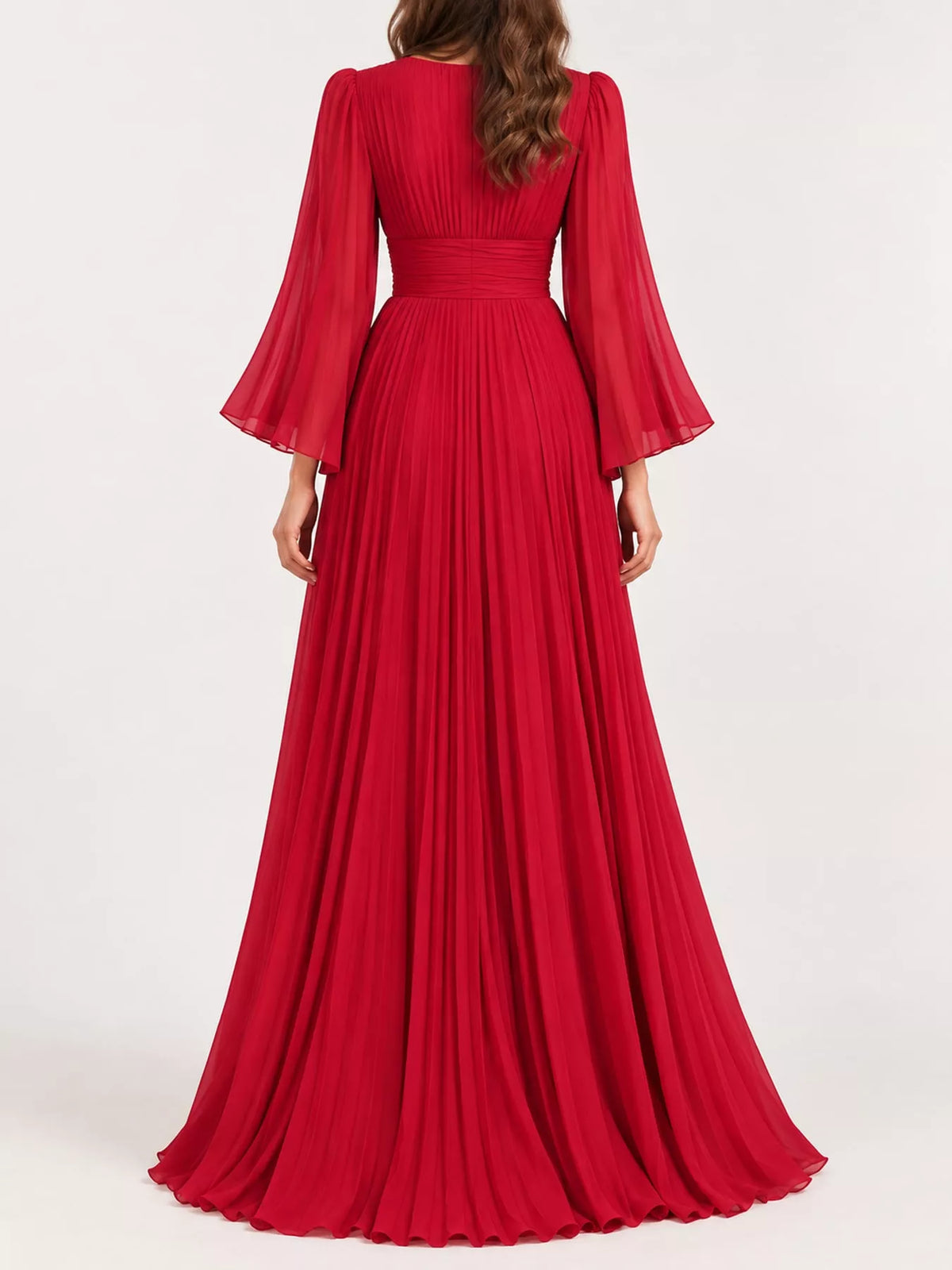 Red v-neck pleated maxi dress, back view