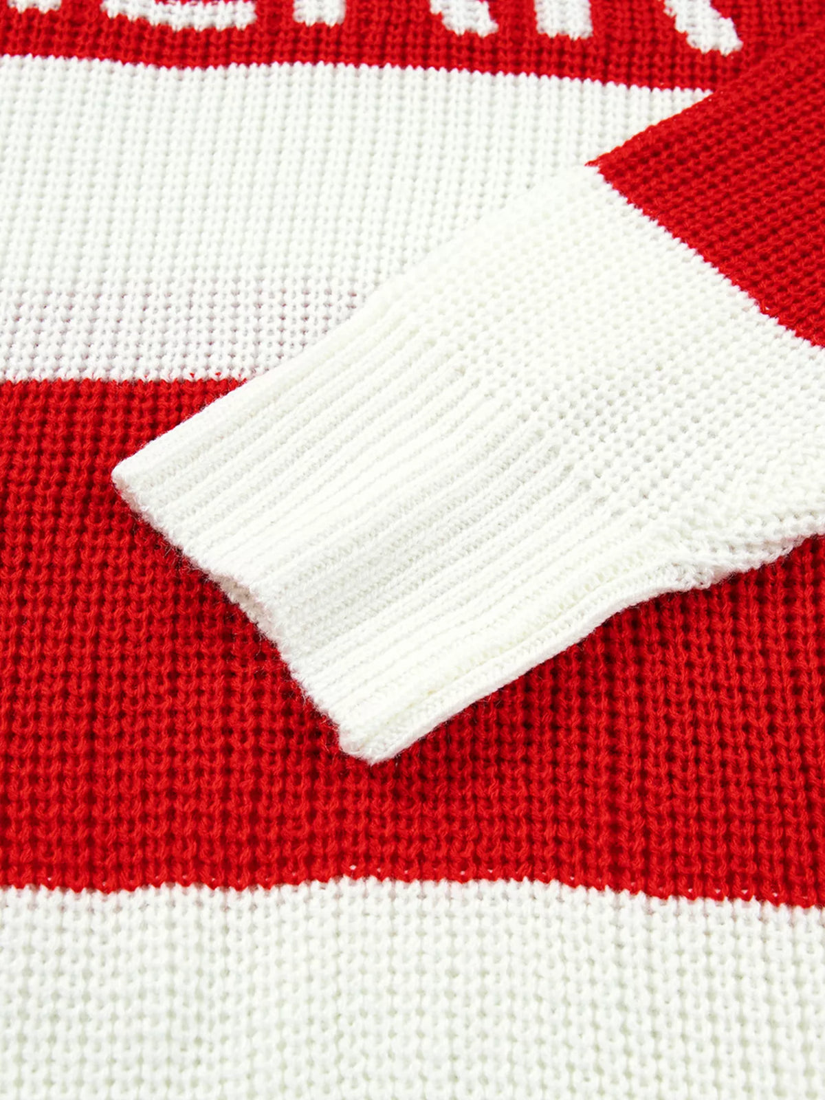 MERRY Striped Christmas Sweater in scarlet, construction detail