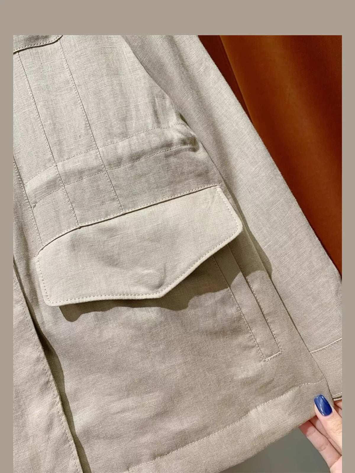 Beige lightweight multi pockets jacket — design and construction details
