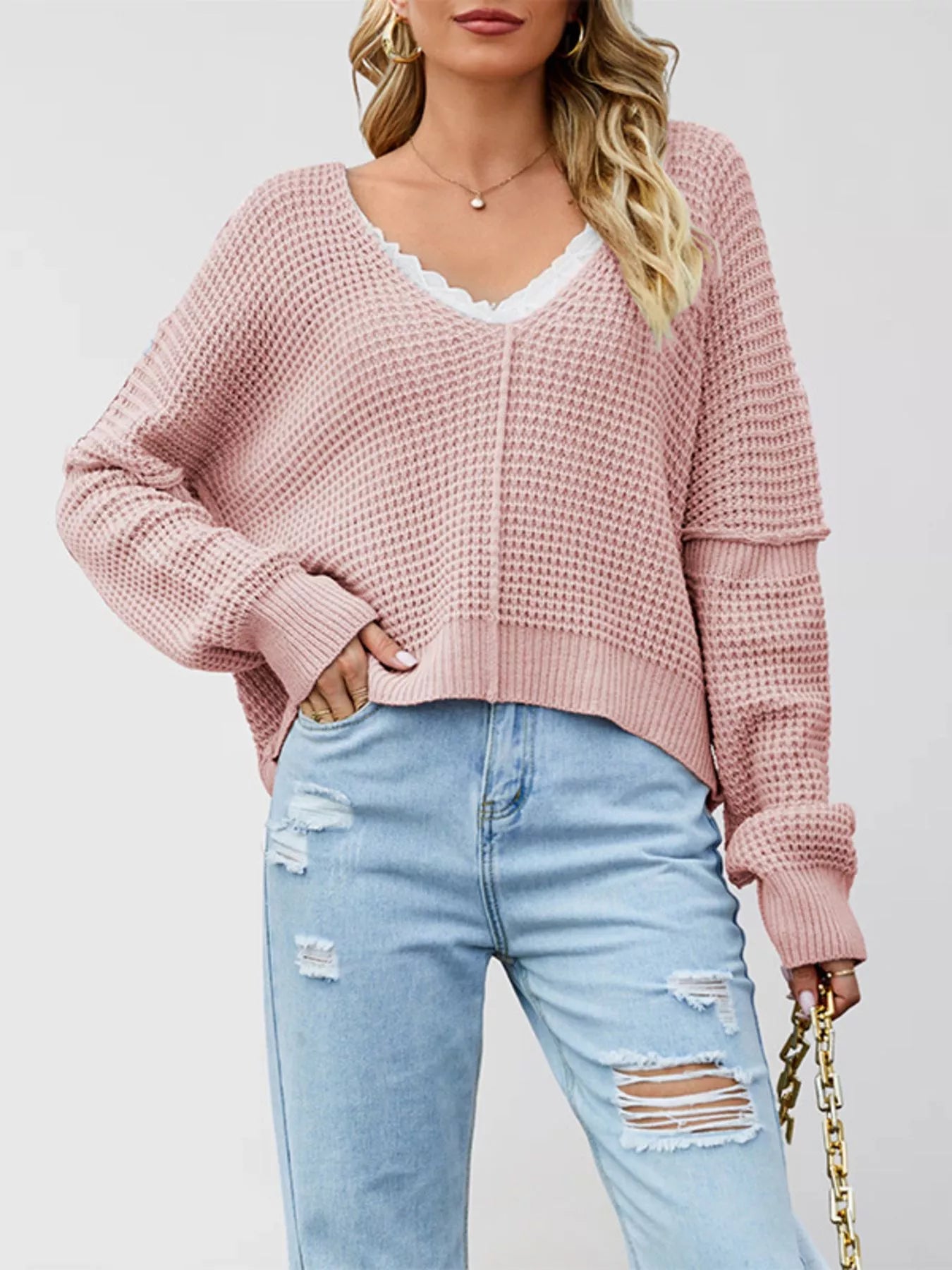 Trendsi Waffle Knit Dropped Shoulder Sweater -