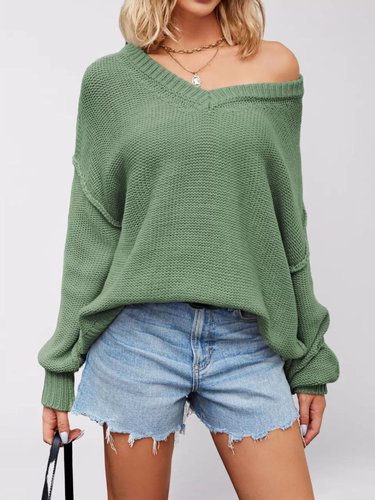 Trendsi V-Neck Loose Knit Drop Shoulder Sweater -