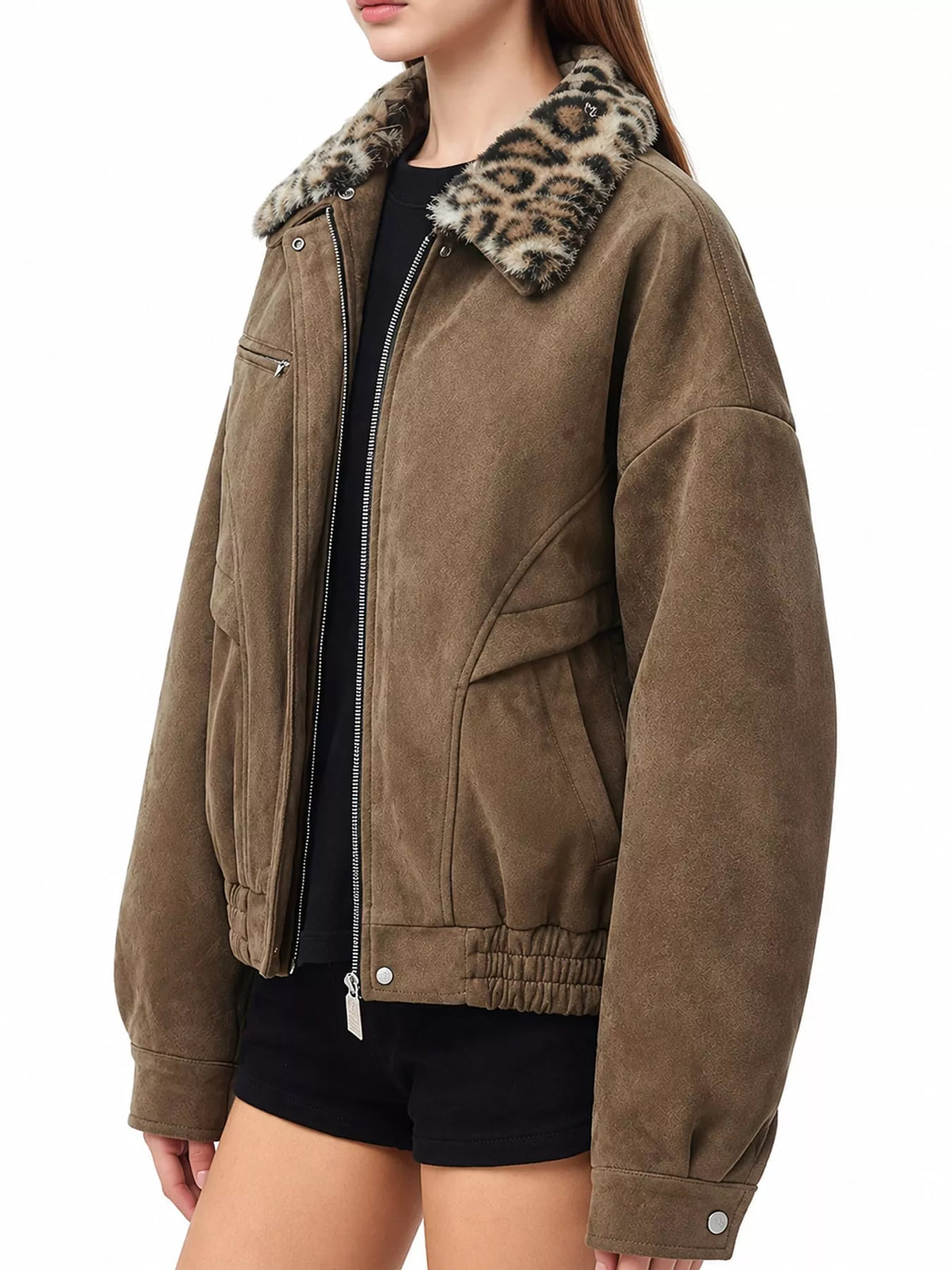 Brown leopard collar zip-up jacket — side view