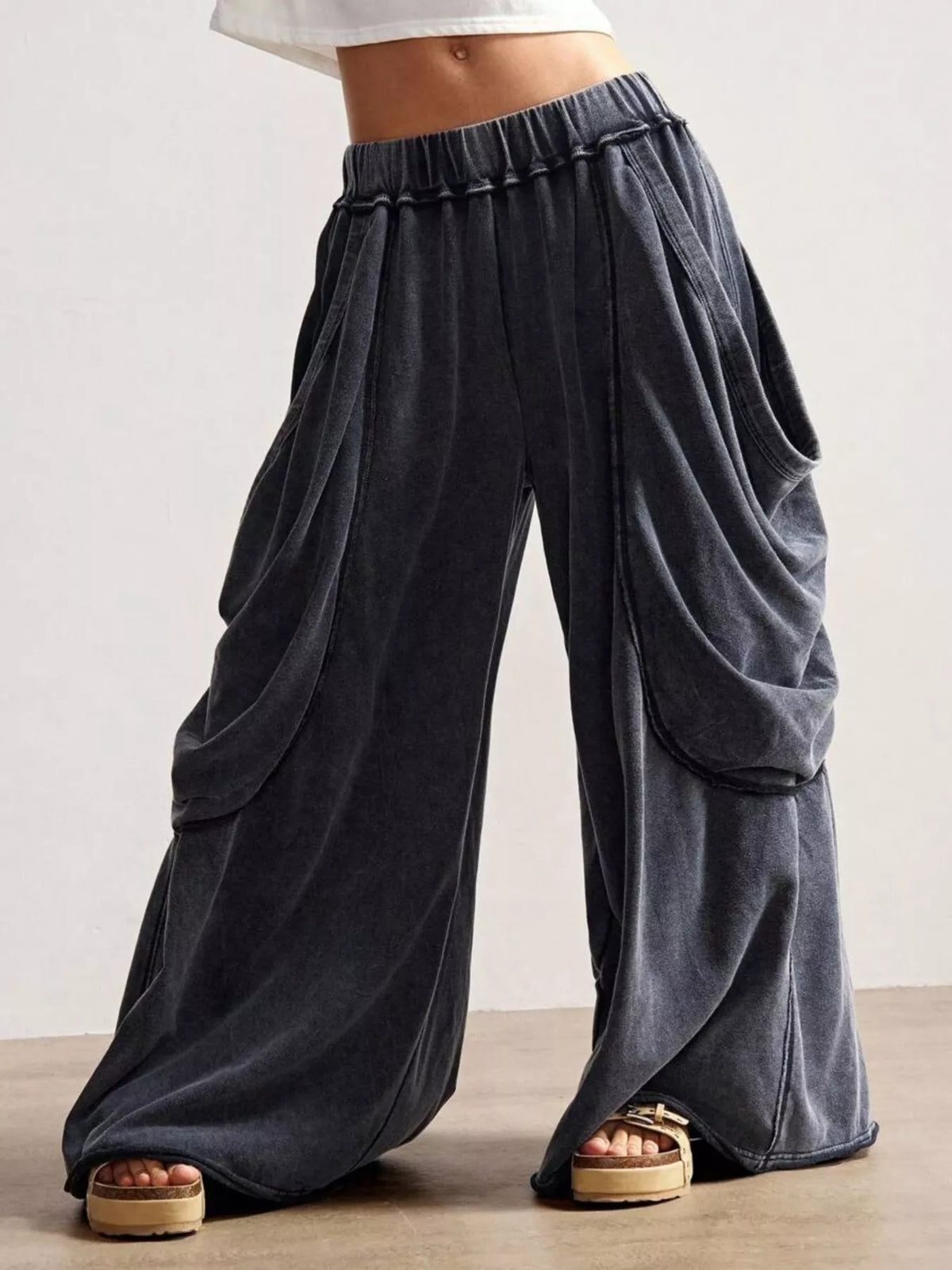 Black wide-leg cargo pants, front view