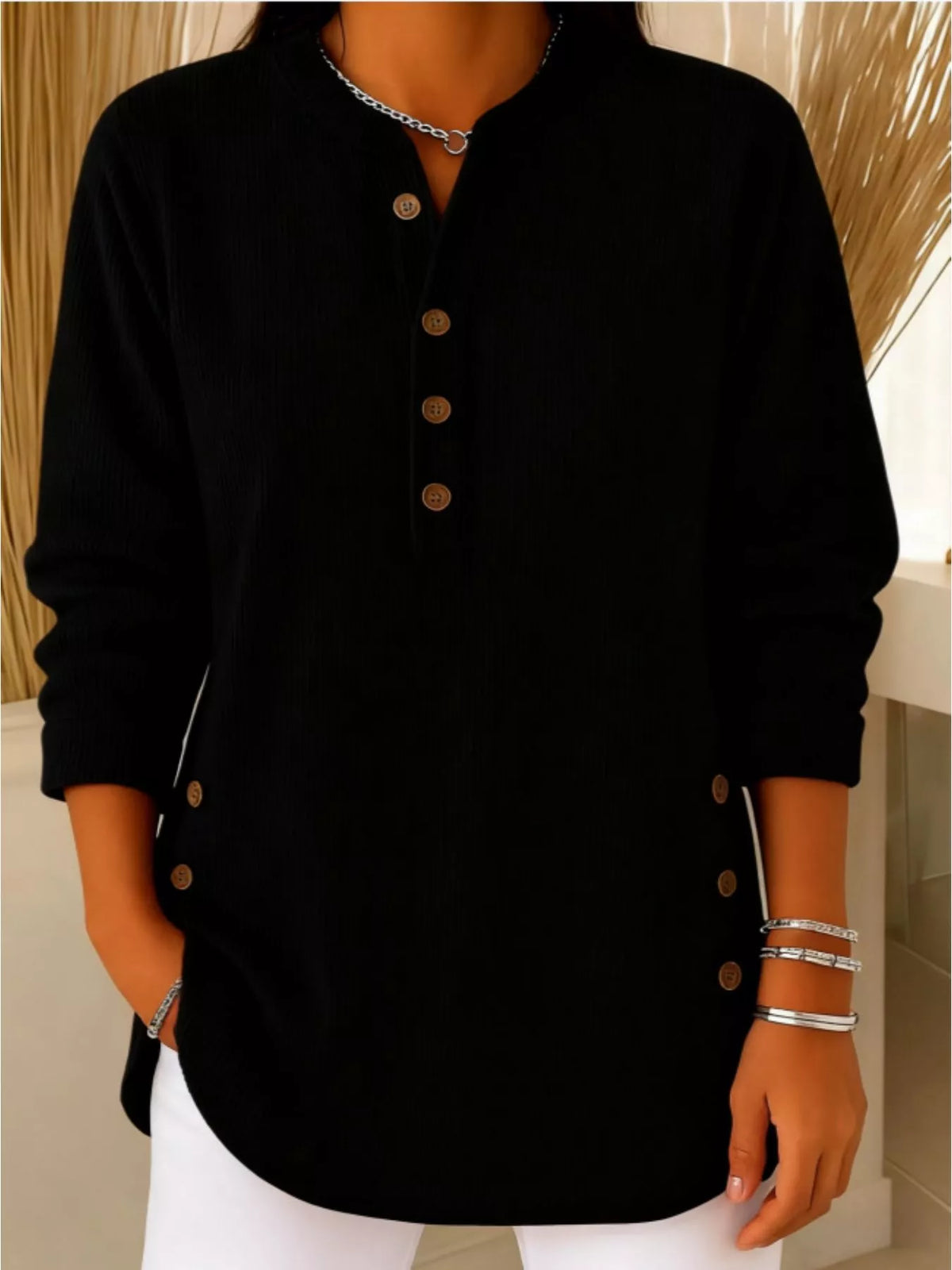 Women's Button Detail Corduroy Top in Black, front view