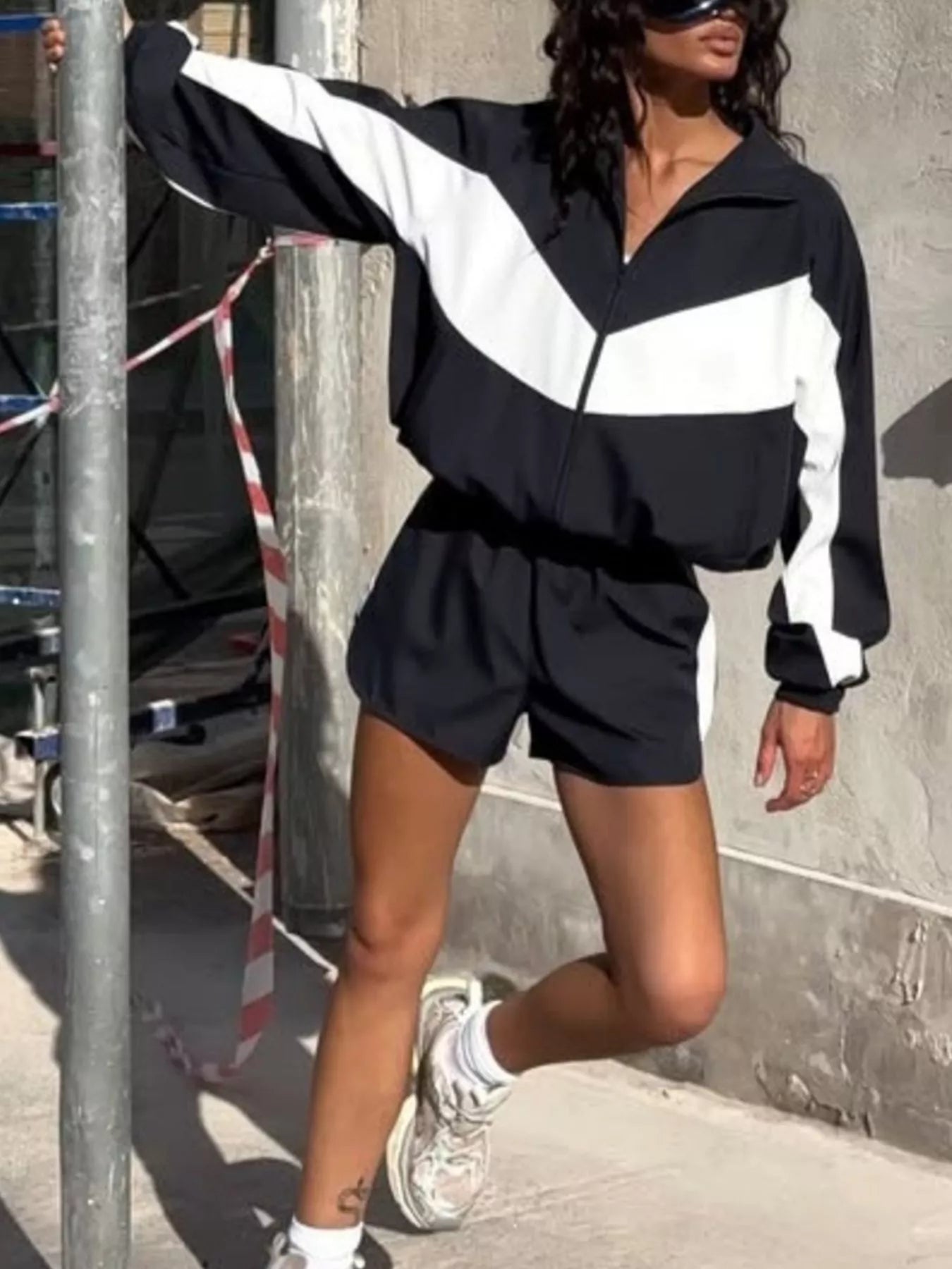 Trendsi Color-Block Zip-Up Jacket and Shorts Set -
