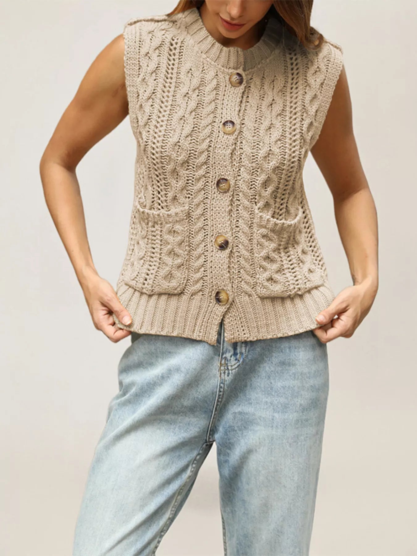 Trendsi Cable-Knit Button-Down Sweater Vest -