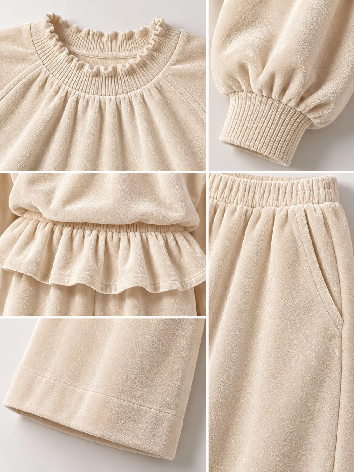 Cream velvet ruffled hem top and wide-leg pants set — design and construction details