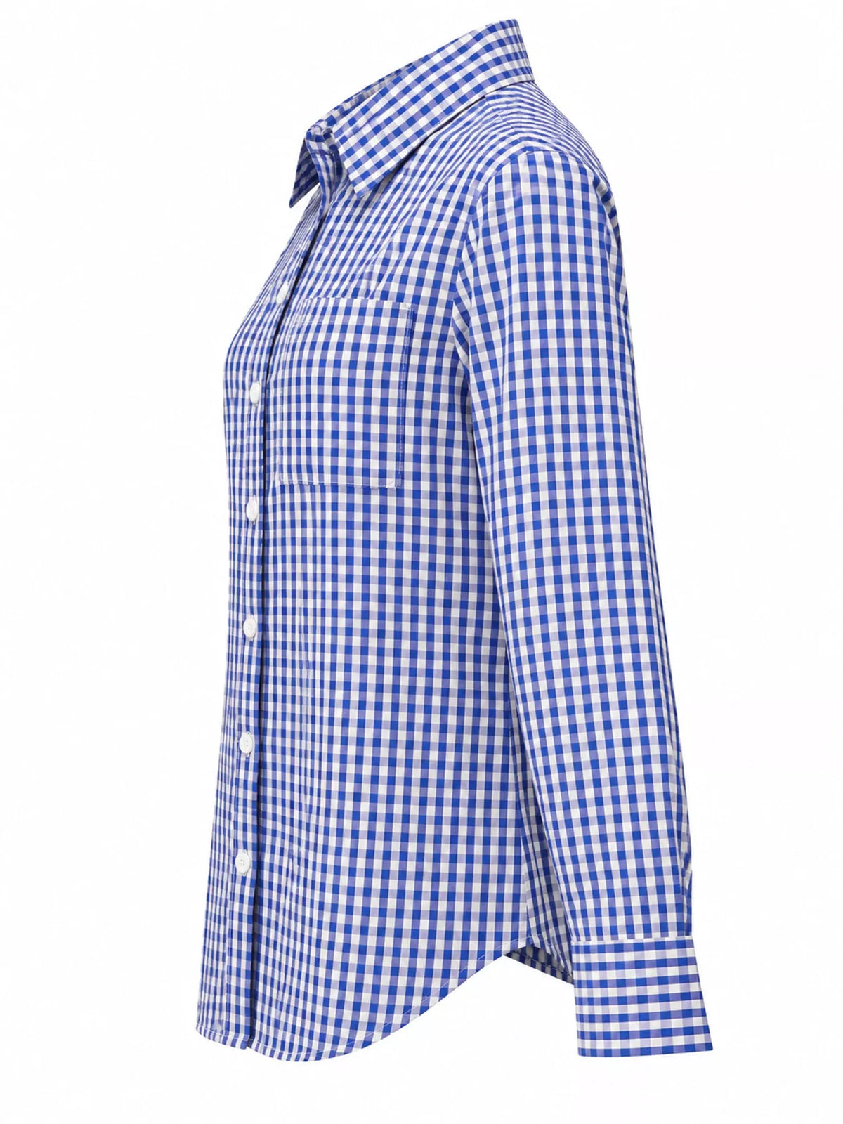 Navy and white plaid button-down shirt, side view