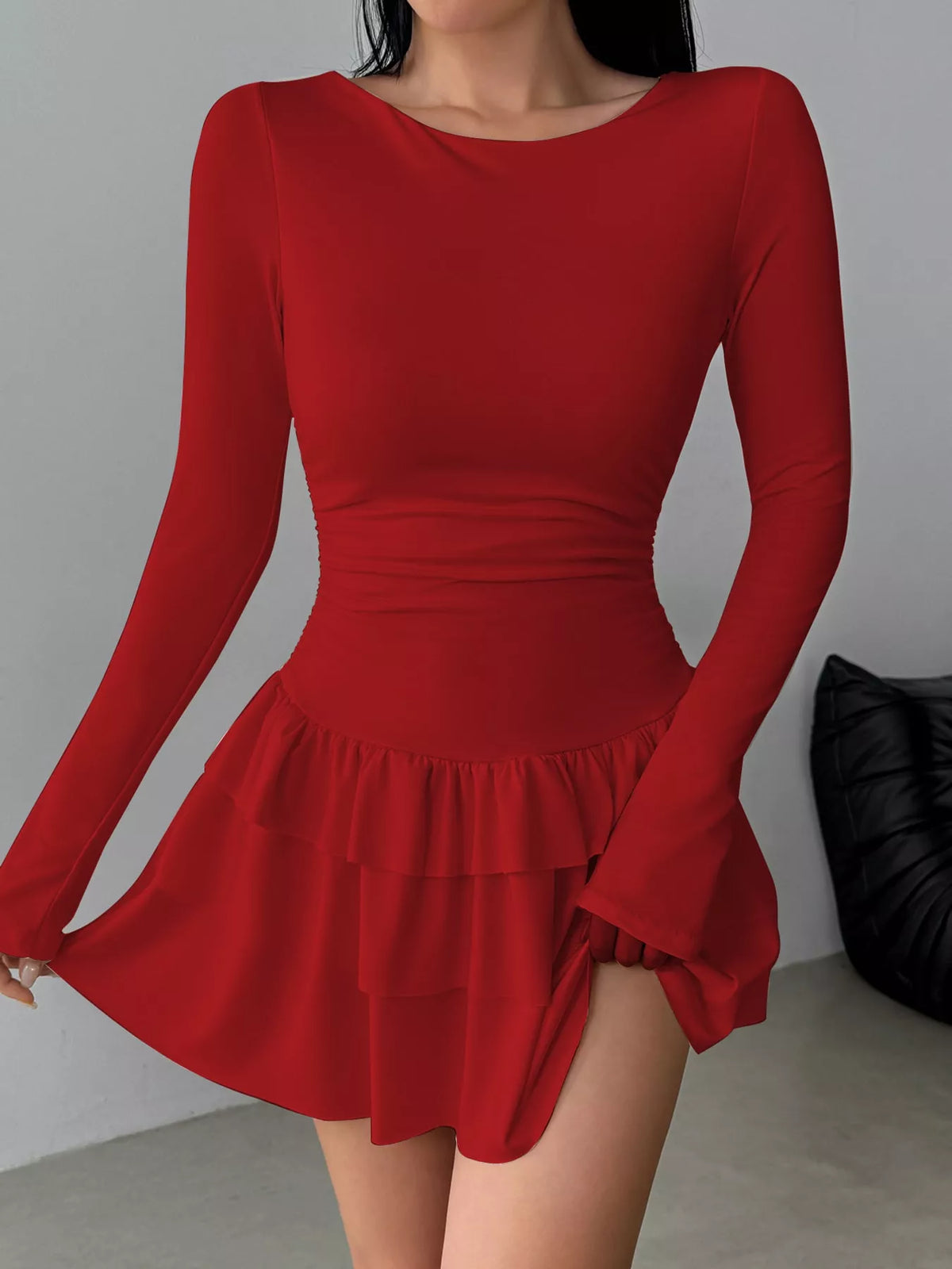 Red layered ruffle mini dress