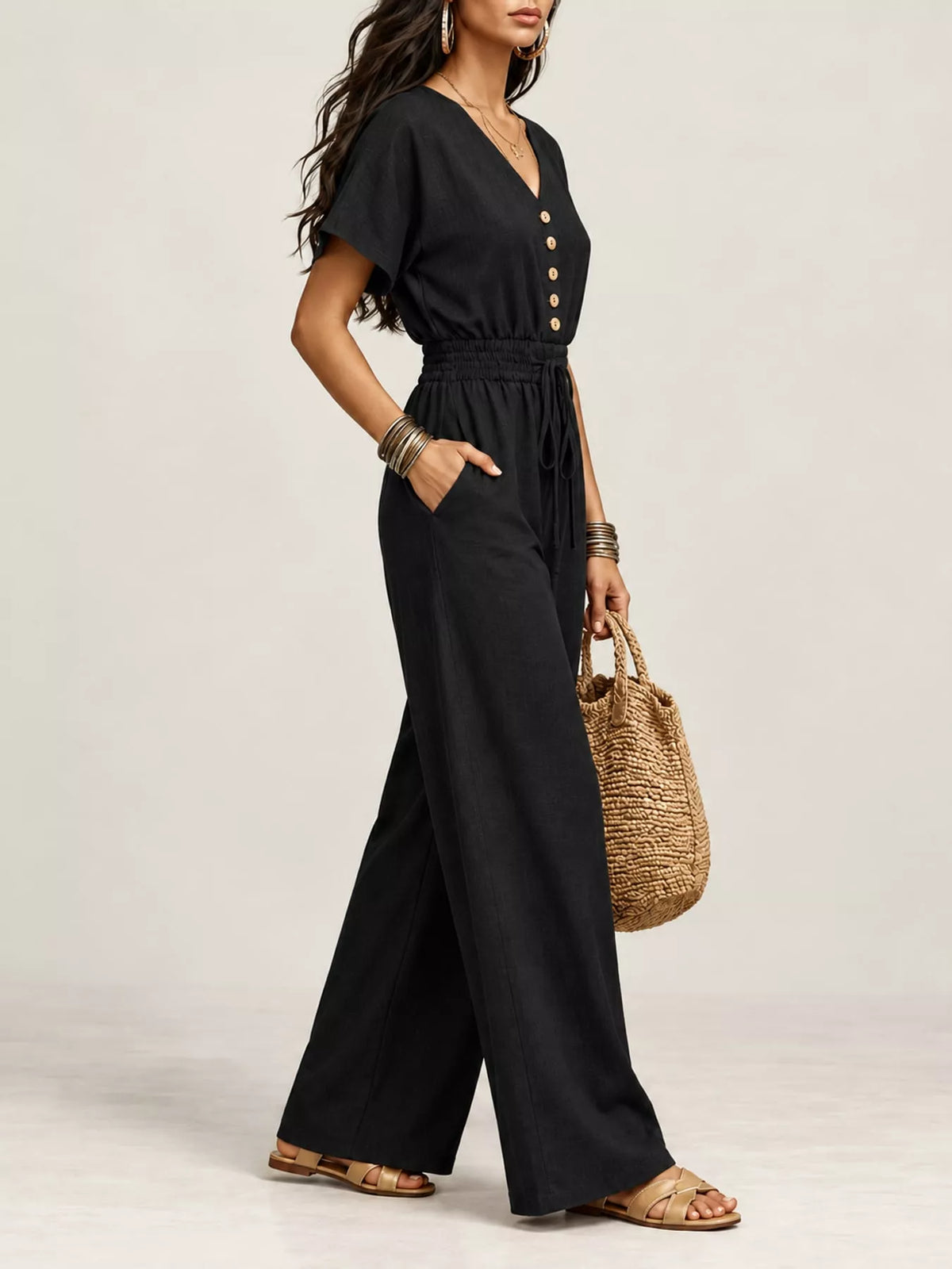 Wide-leg short-sleeve jumpsuit