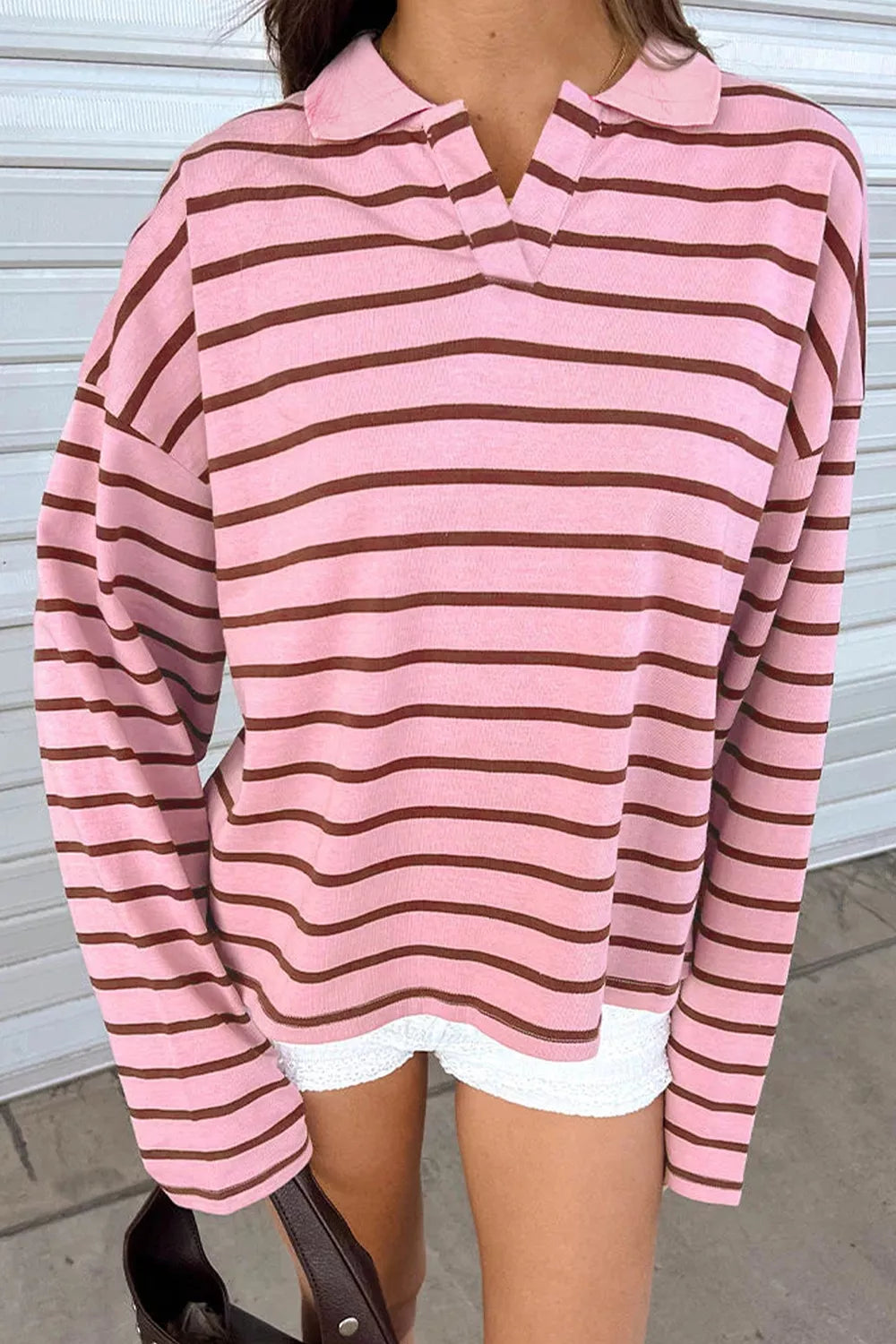 Trendsi Stripe Striped Long Sleeve Collar Shift Top -
