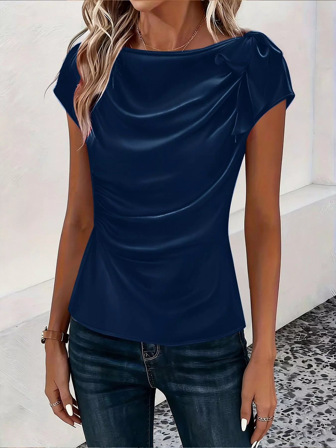 Trendsi Ruched Short Sleeve Satin Top -