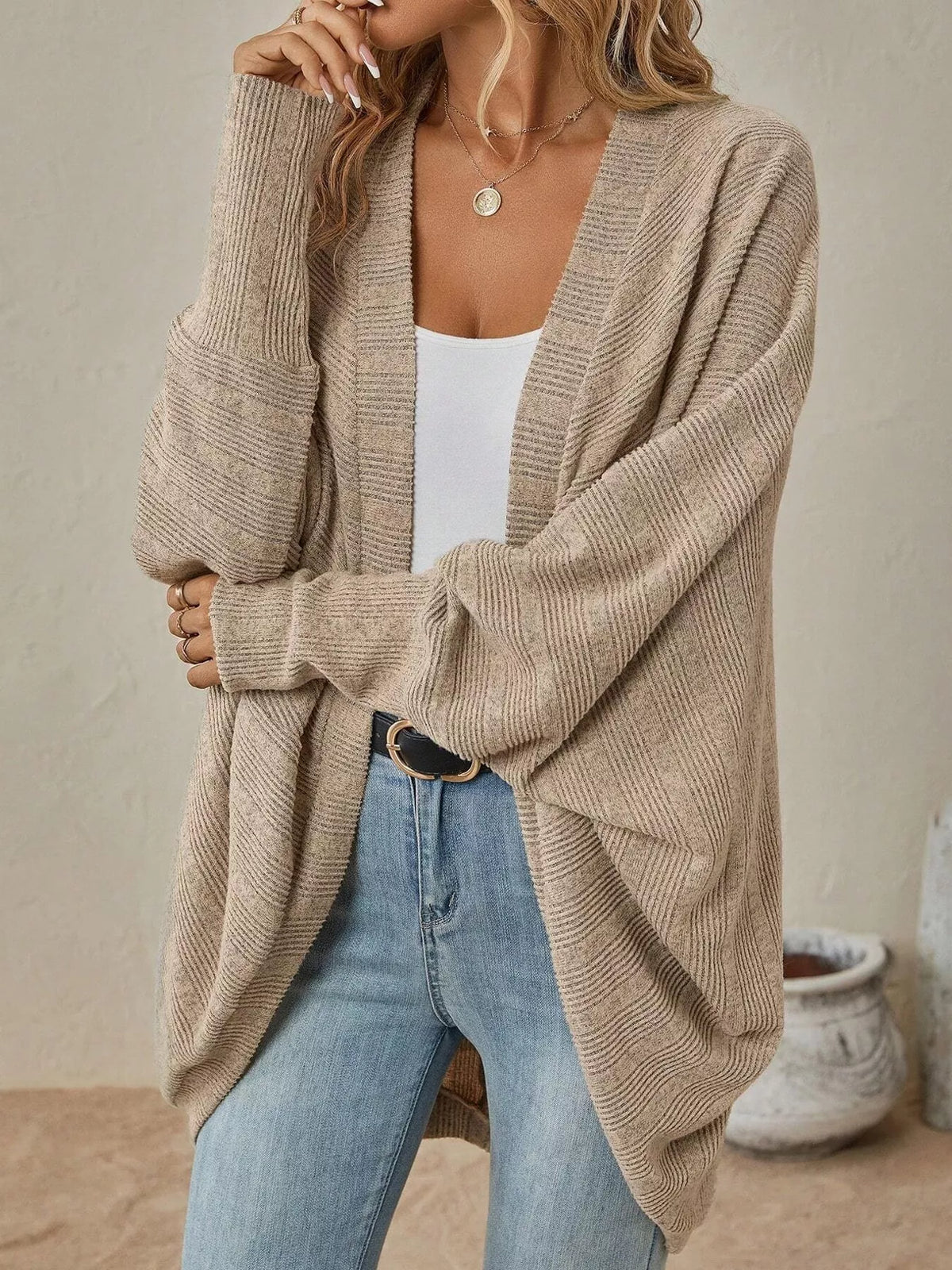Beige open-front batwing sleeve ribbed cardigan