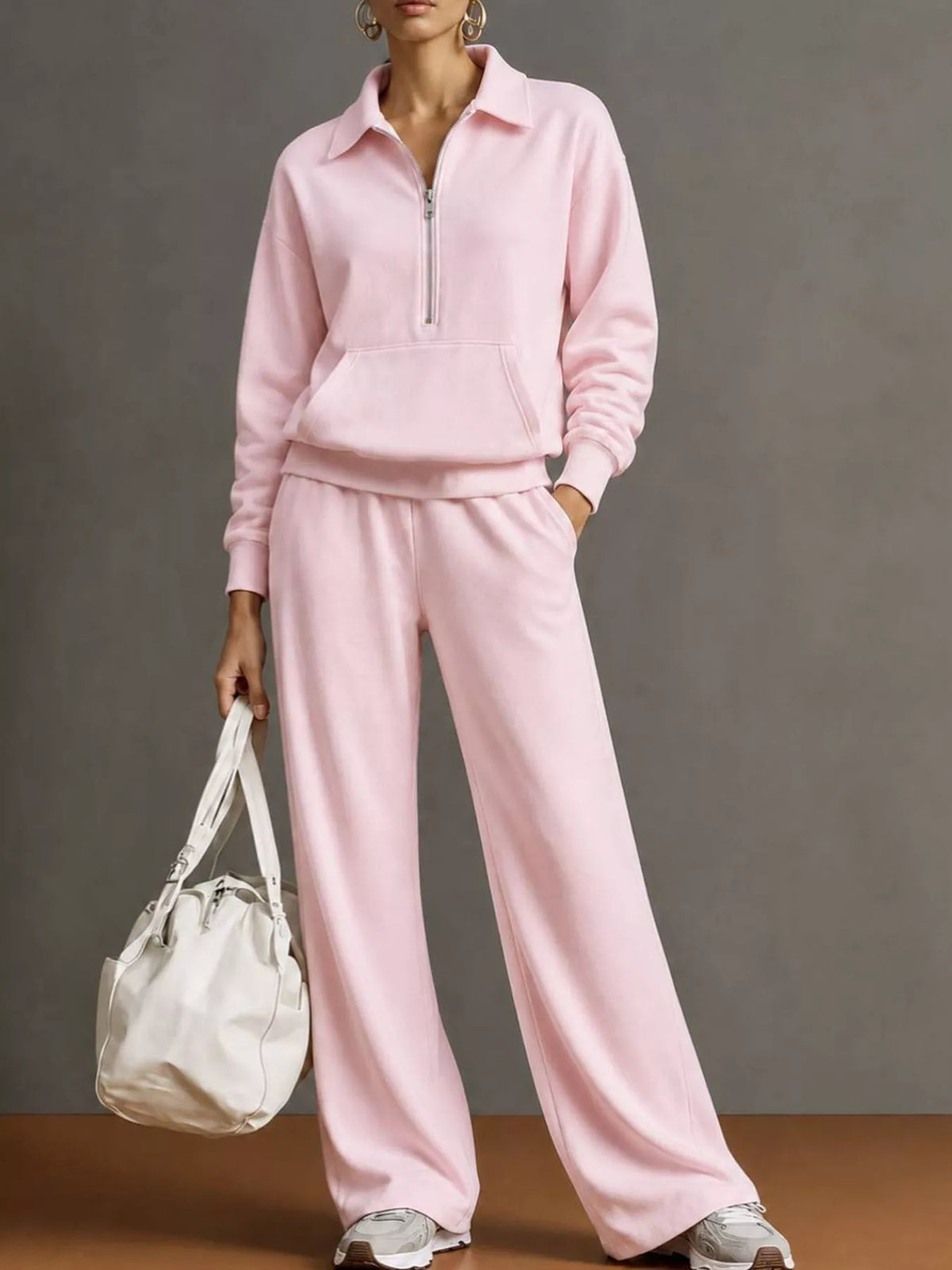 Half Zip Long Sleeve Top and Pants Set — front view
