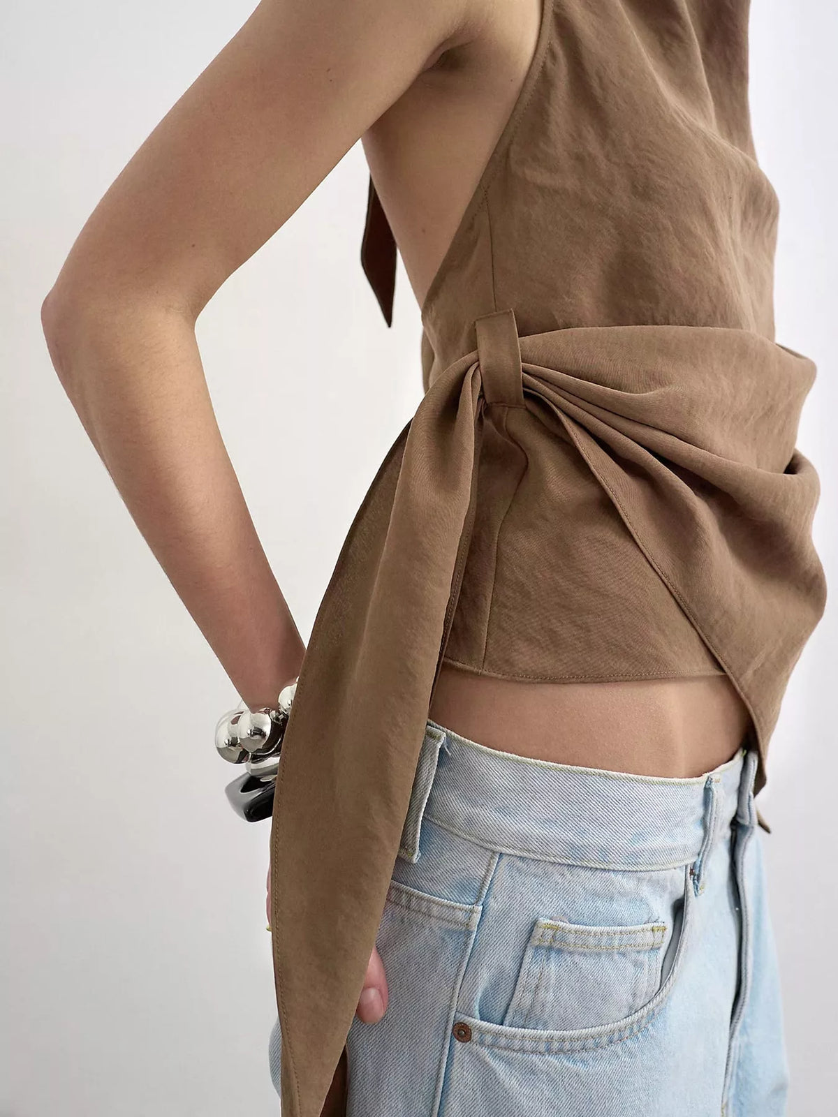 Halter Neck Draped Tank Top, detail view in brown