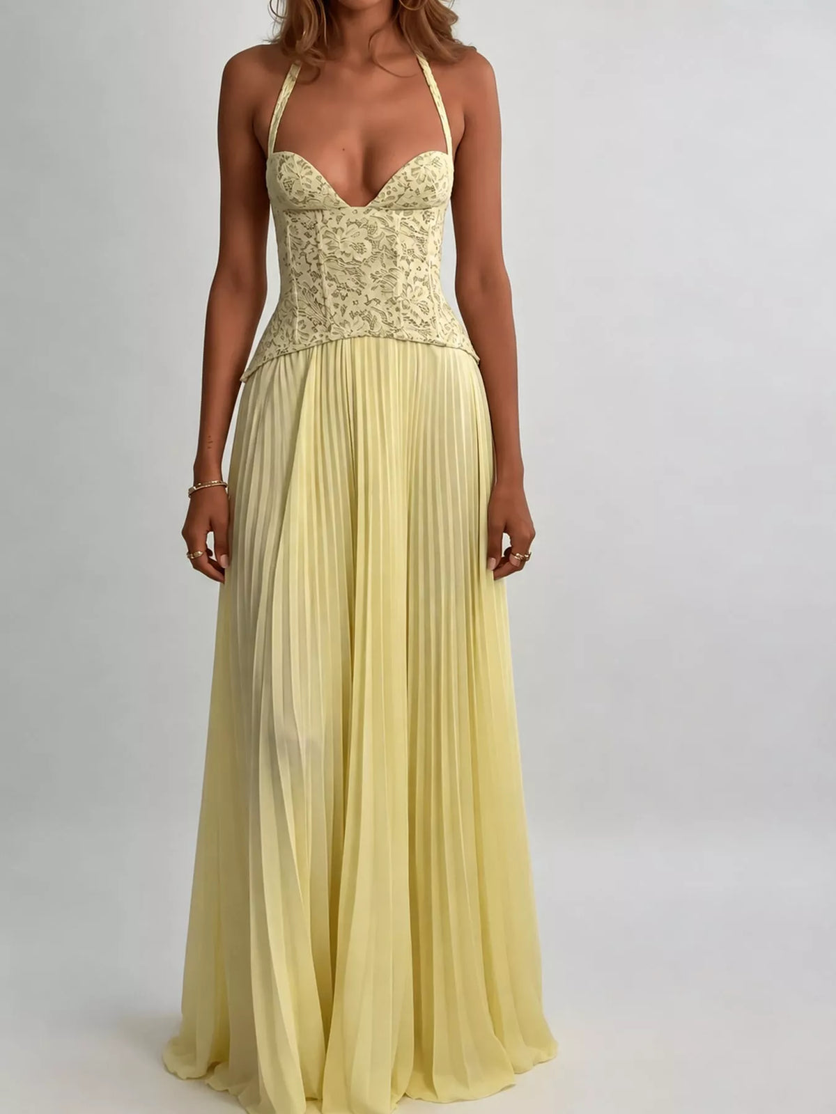 Lace Halter Neck Pleated Maxi Dress — front view