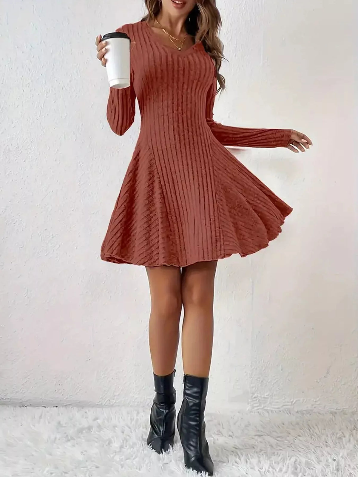 Ribbed mini dress, rust skirt flare