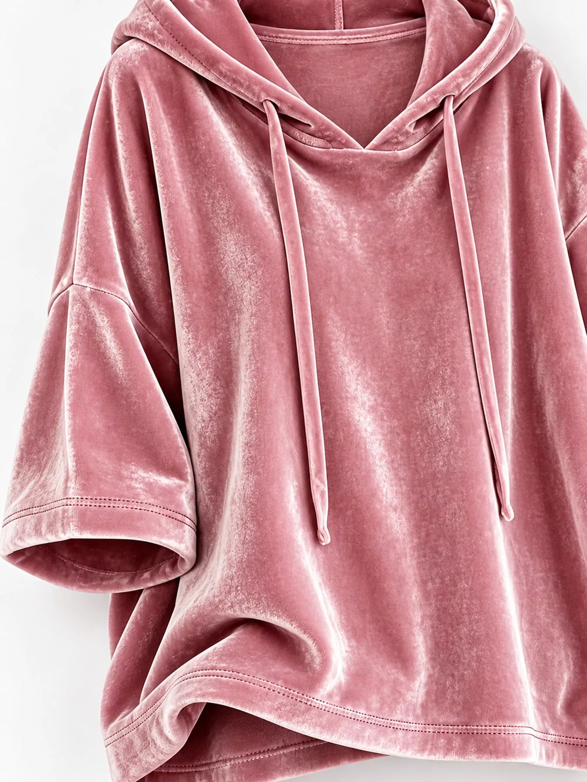 Pink velvet half sleeve hoodie with drawstring, hood, drawstrings, sleeve hem, and lower hem