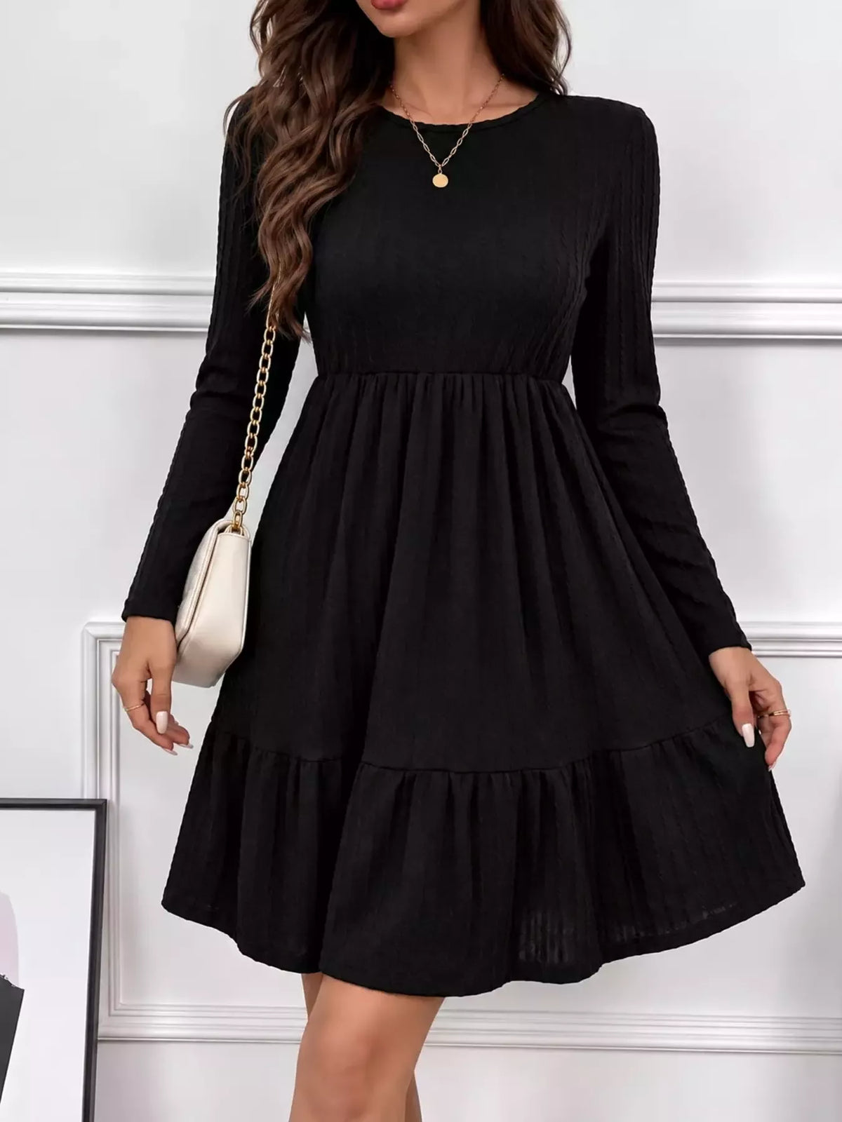 Long Sleeve Ruffle Hem Mini Dress in black