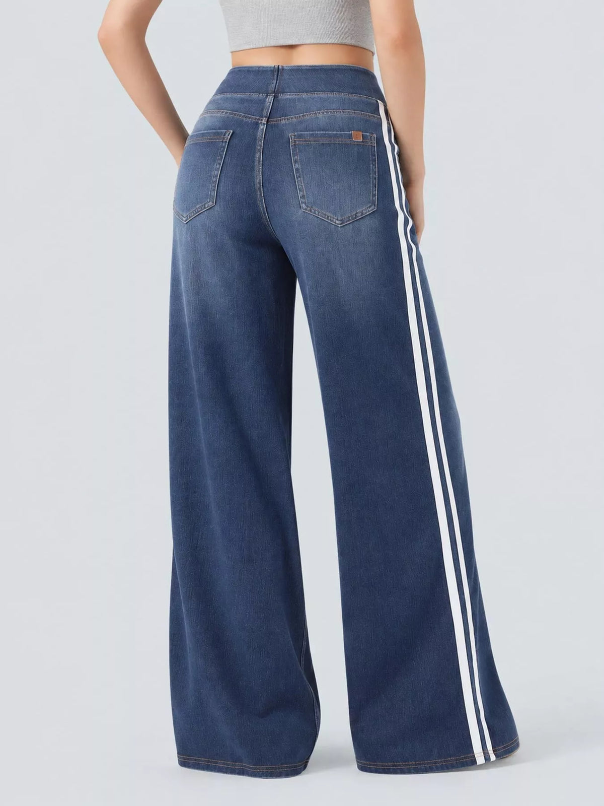 Wide-Leg Side-Stripe Jeans, back view in dark blue
