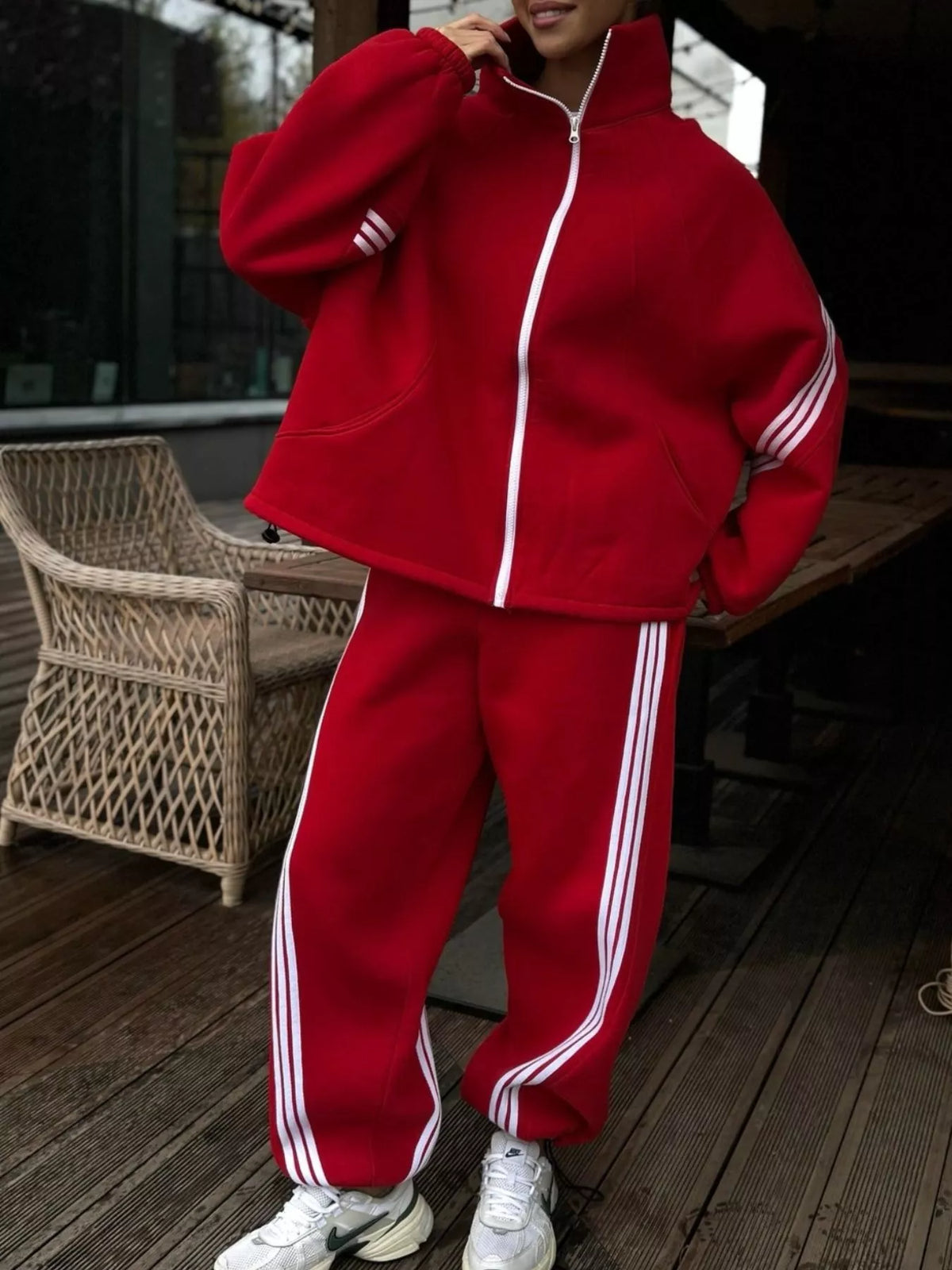 Trendsi Contrast Striped Zip Up Top and Pants Set -