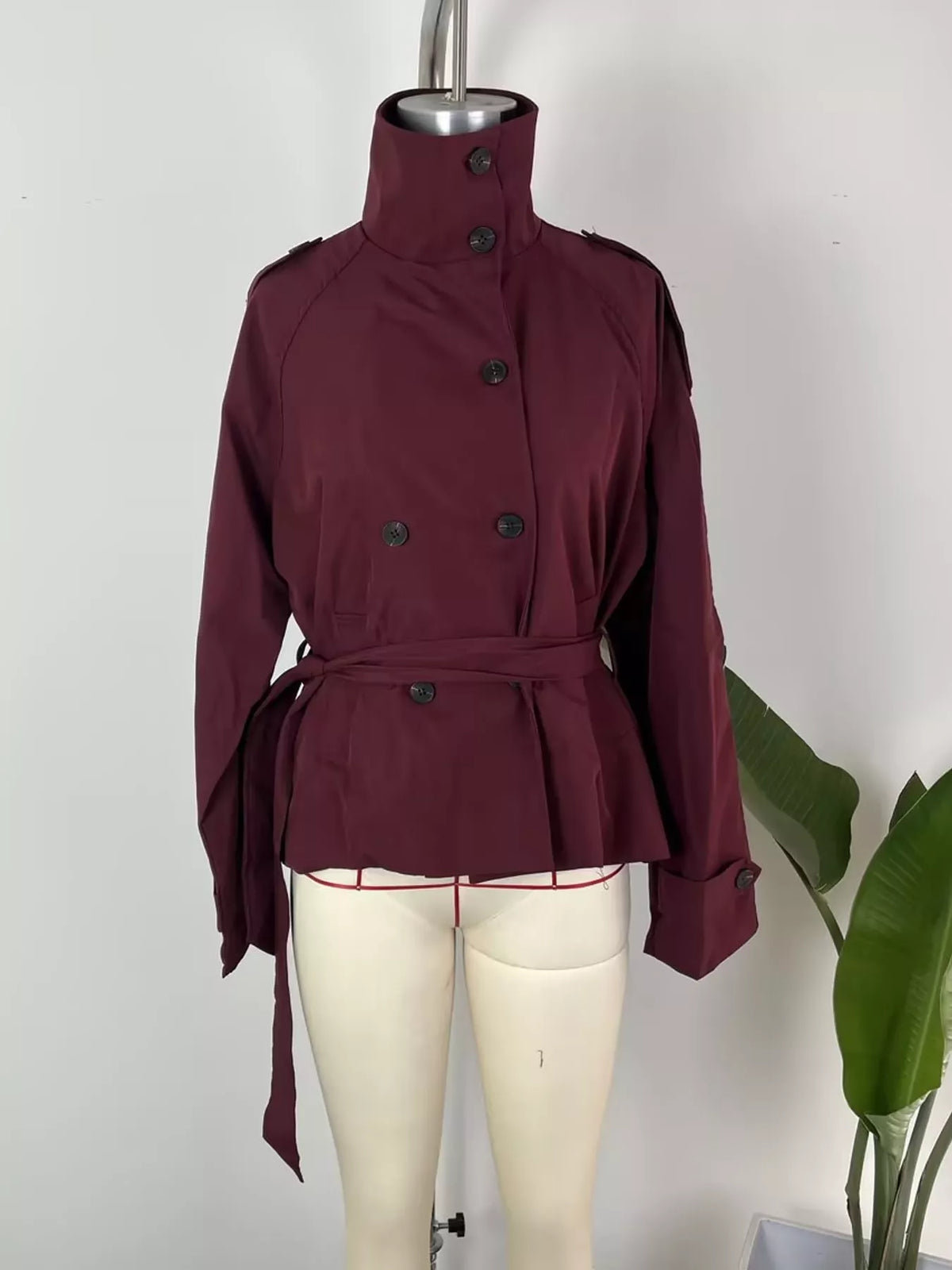 Women's Double-Breasted Belted Trench Coat in burgundy — mannequin front view