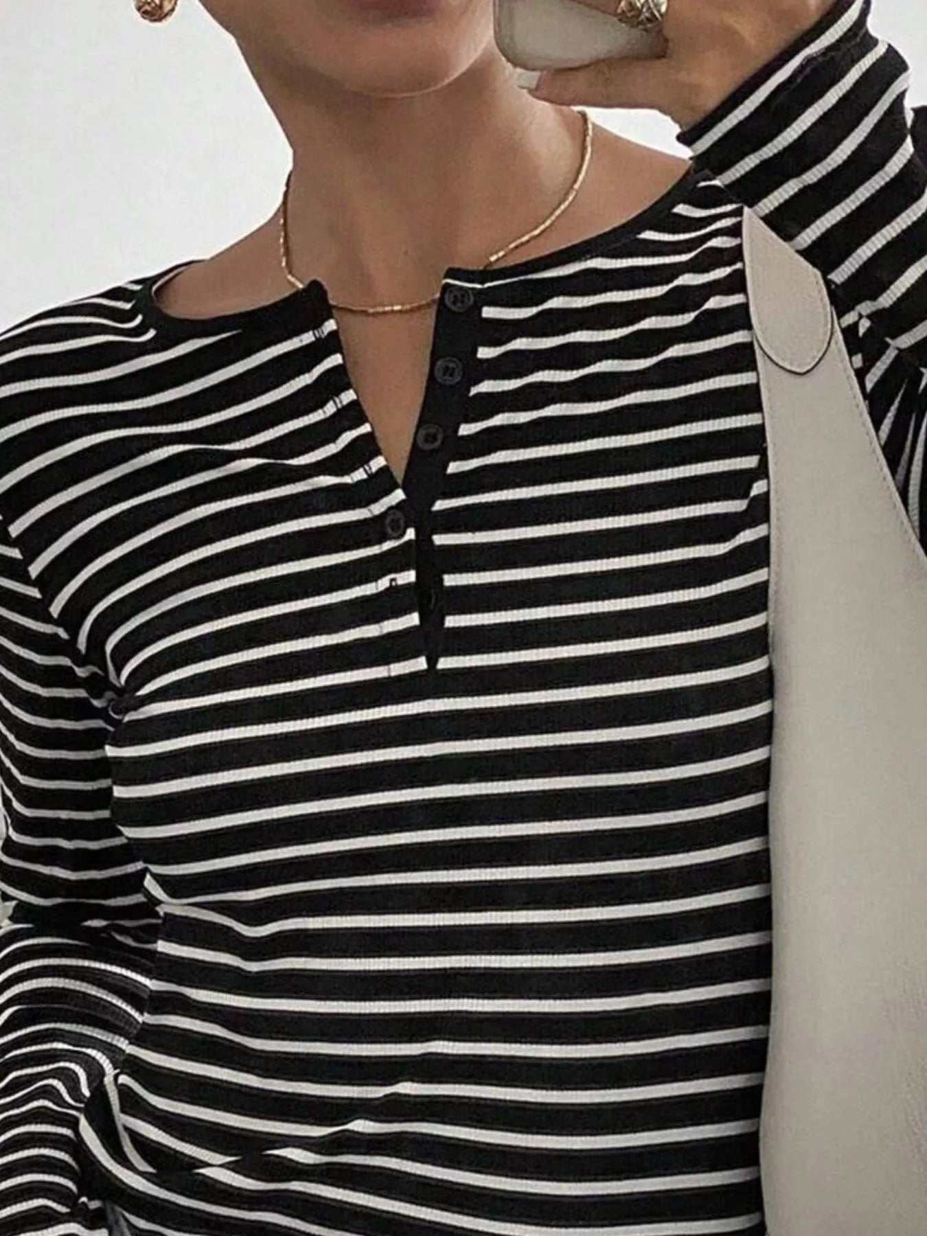 Trendsi Long Sleeve Striped Henley T-Shirt -