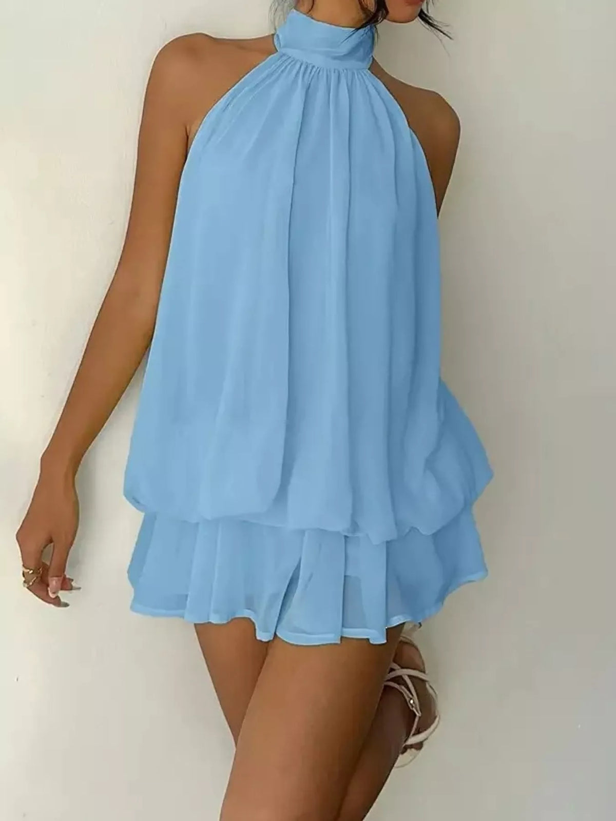 Light blue halter neck chiffon mini dress
