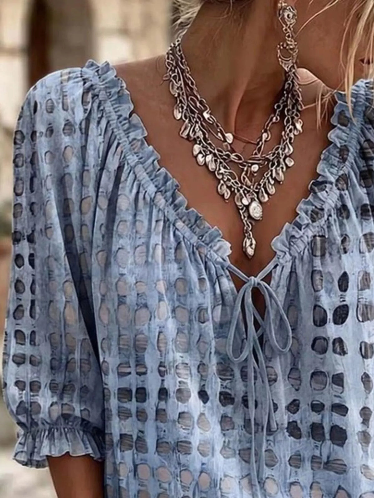 Light Blue Tie Neck 3/4 Sleeve Blouse back view