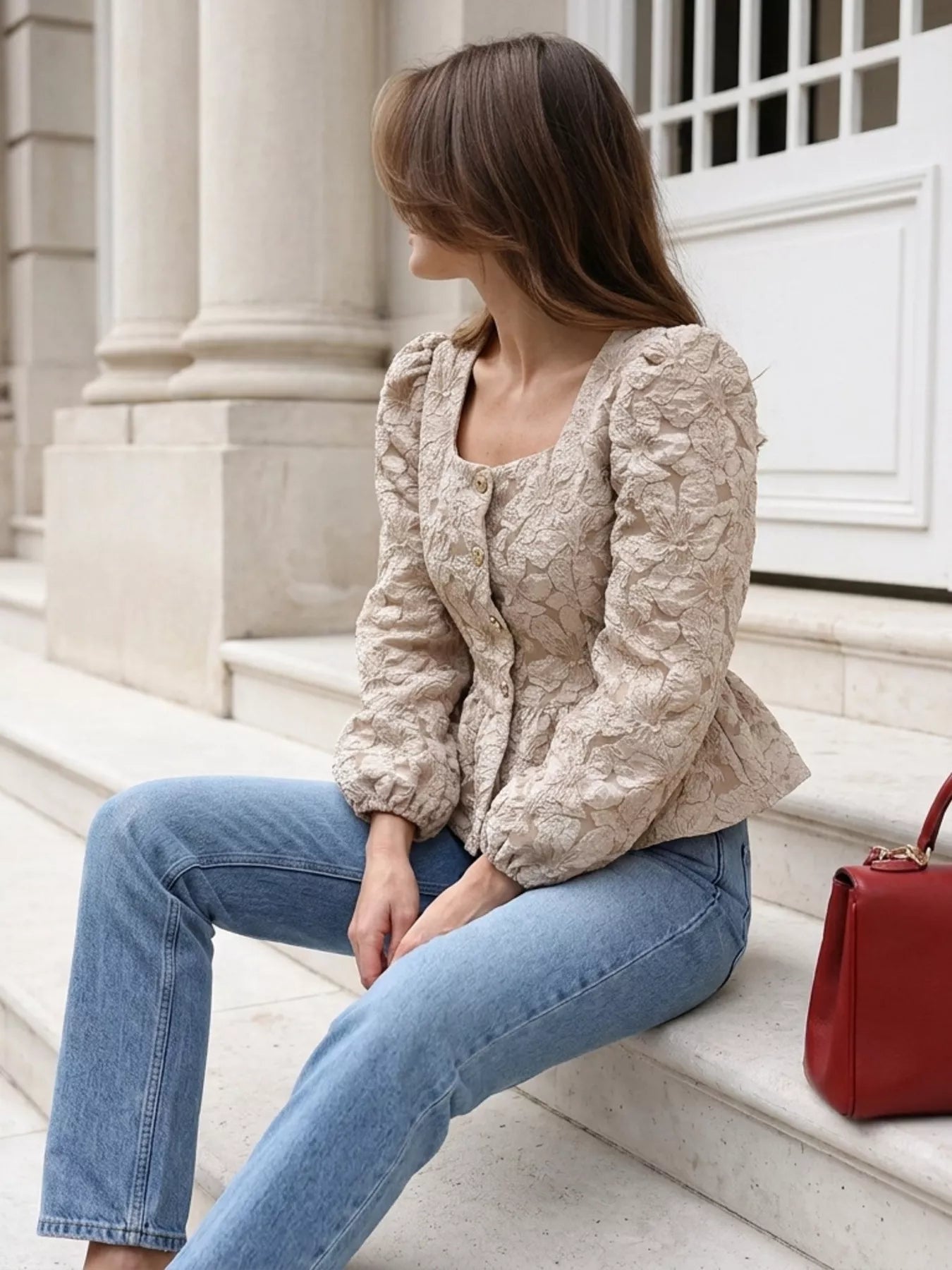 Trendsi Square Neck Textured Peplum Blouse -