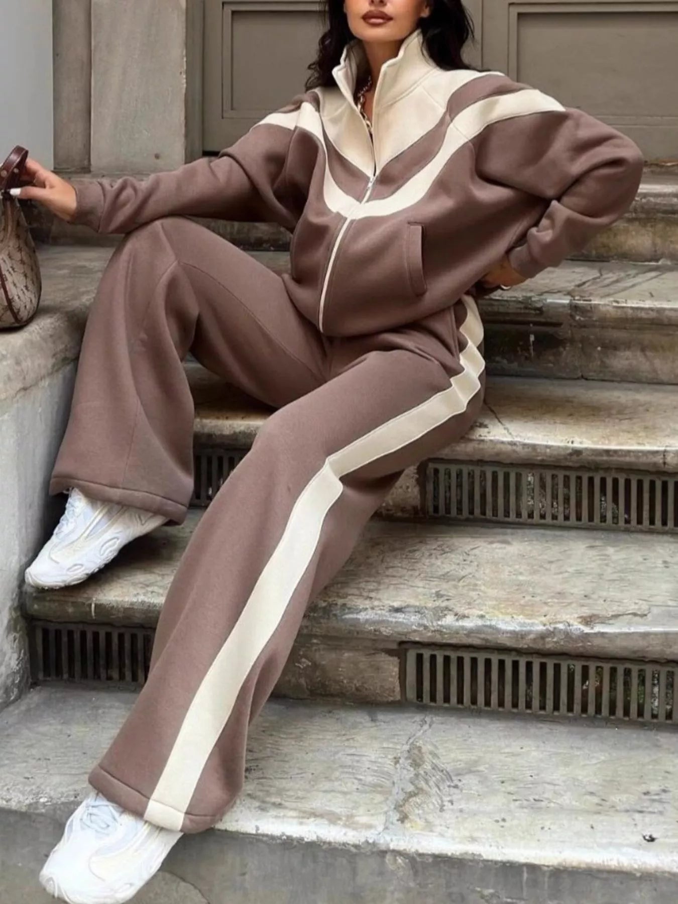 Trendsi Color Block Zip-Up Outerwear and Pants Set -