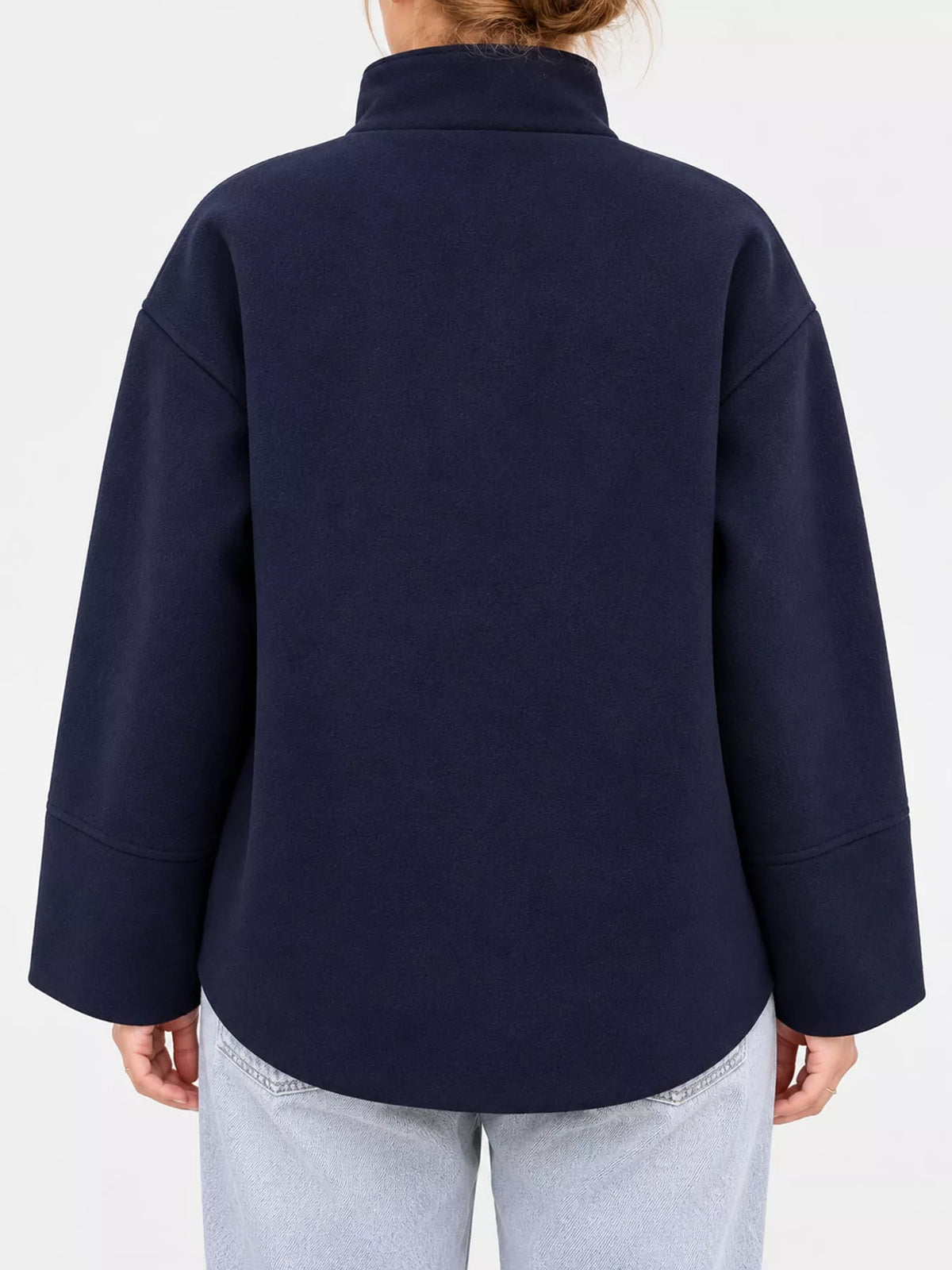 Dark Blue stand-collar button-up jacket, back view